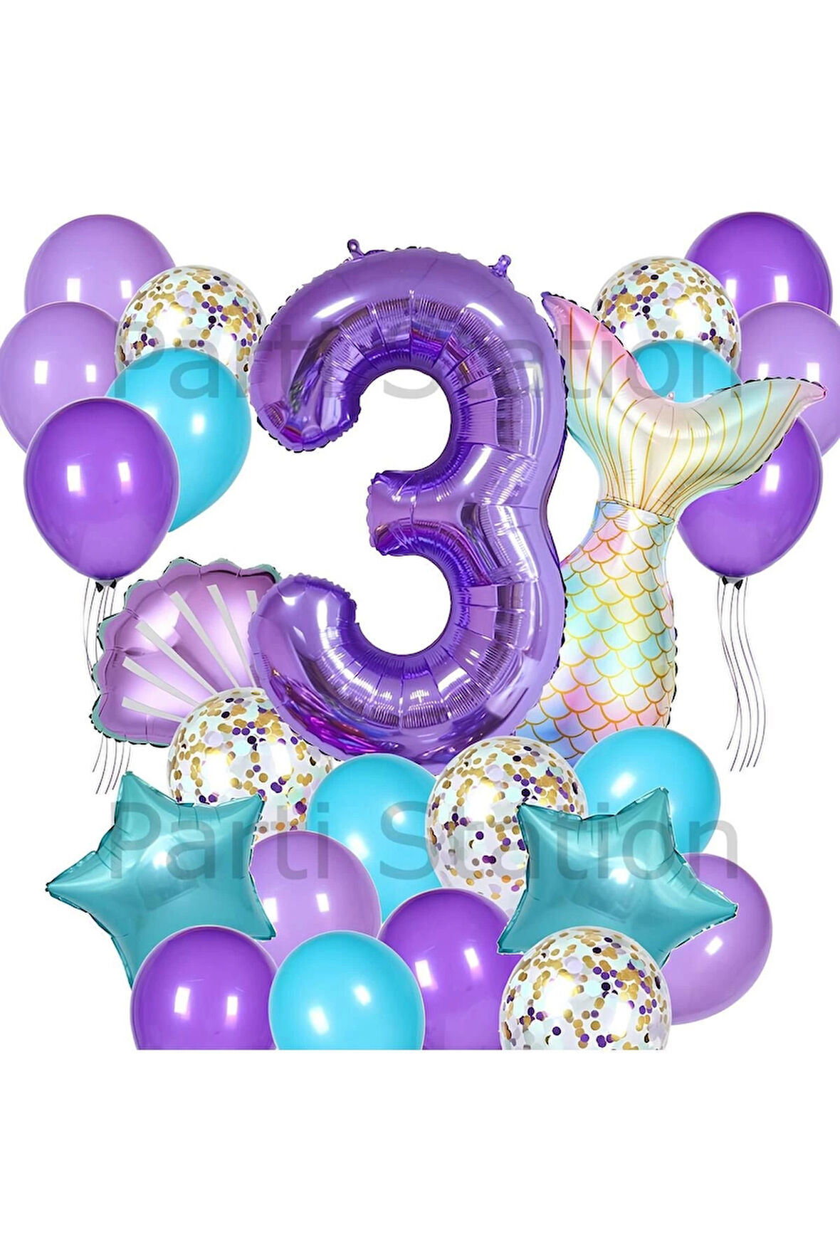 Mor Deniz Kızı Konsept 1 Yaş Balon Set Deniz Kızı Mermaid Tema Doğum Günü Folyo Balon Set