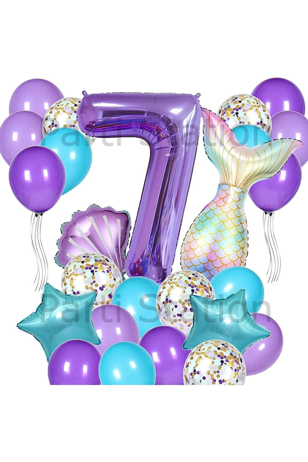 Mor Deniz Kızı Konsept 1 Yaş Balon Set Deniz Kızı Mermaid Tema Doğum Günü Folyo Balon Set