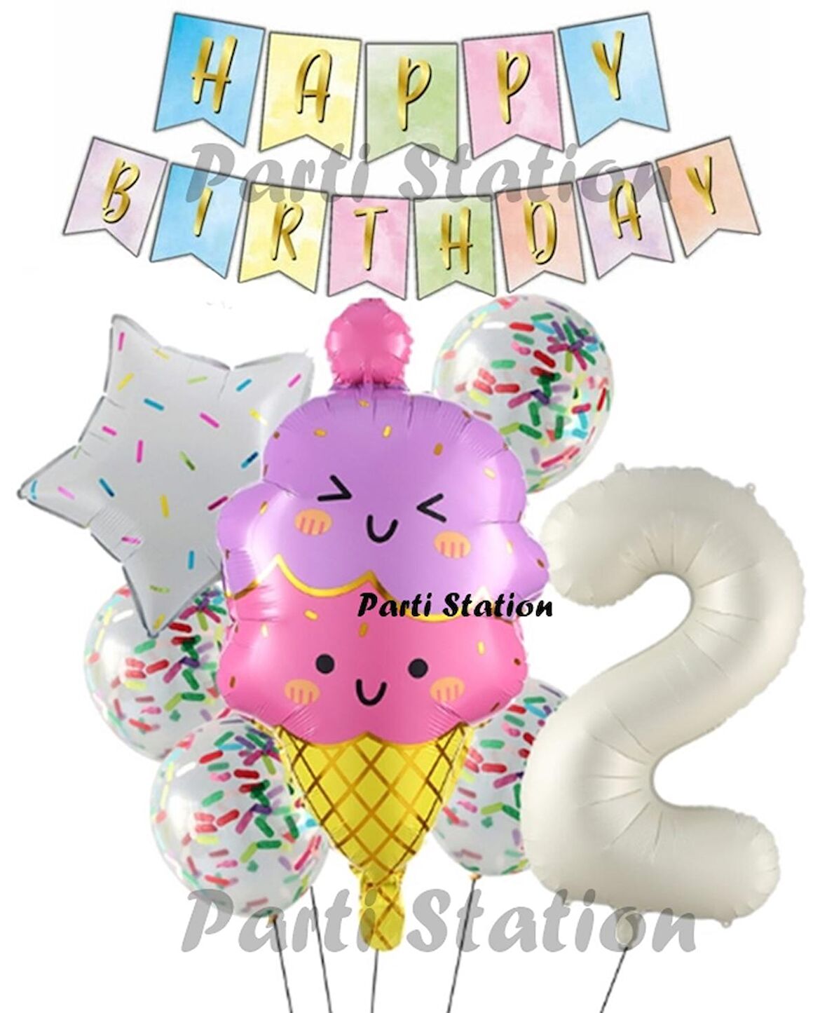 İce Cream Dondurma Konsept Doğum Günü 2 Yaş Balon Set Yaz Tema Sevimli Dondurma Folyo Balon Set