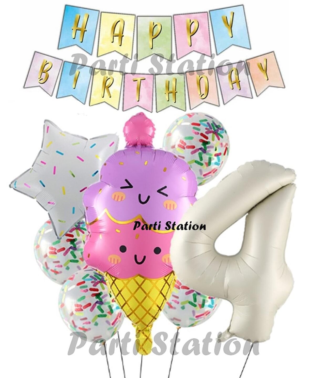 İce Cream Dondurma Konsept Doğum Günü 4 Yaş Balon Set Yaz Tema Sevimli Dondurma Folyo Balon Set