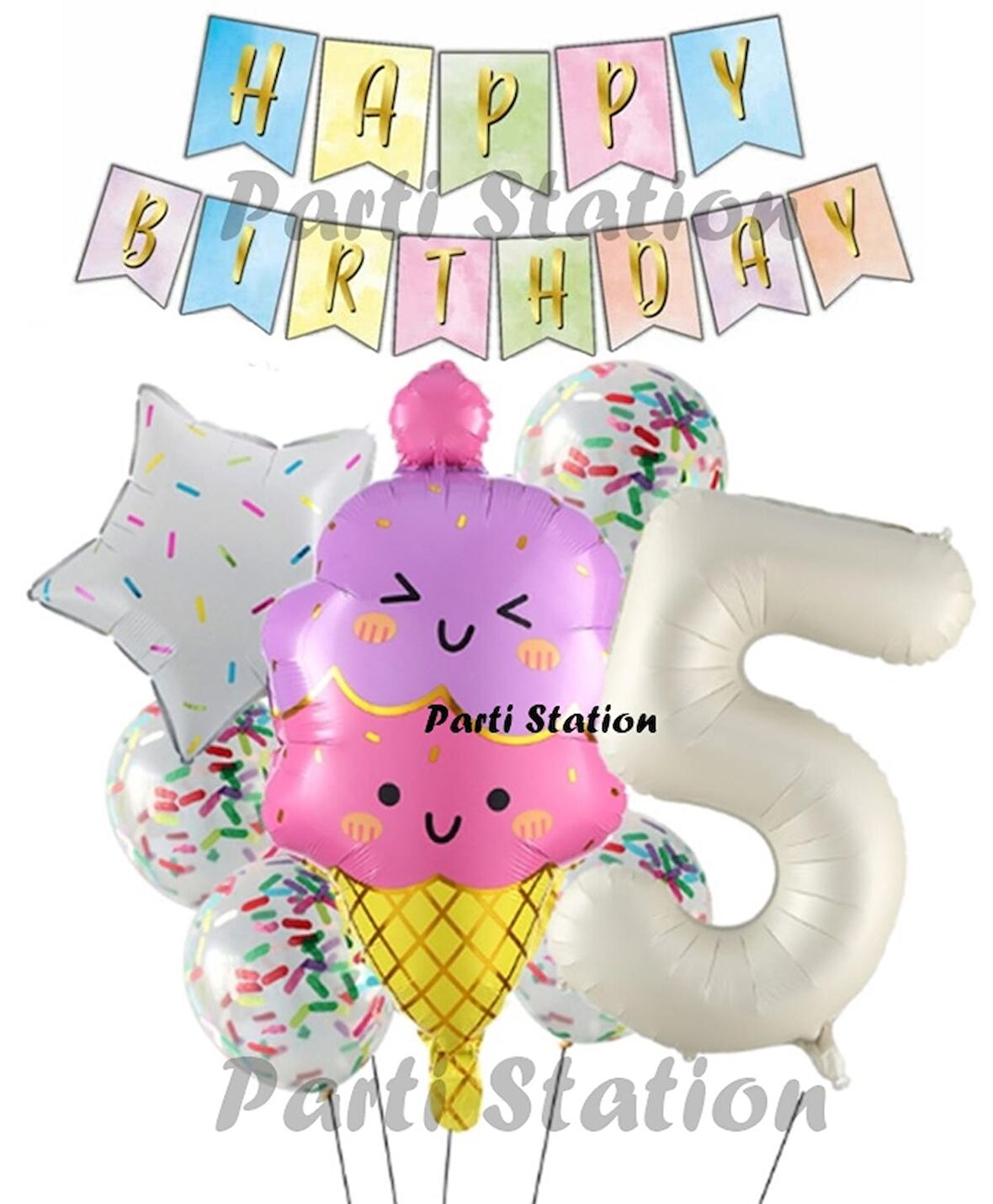 İce Cream Dondurma Konsept Doğum Günü 5 Yaş Balon Set Yaz Tema Sevimli Dondurma Folyo Balon Set