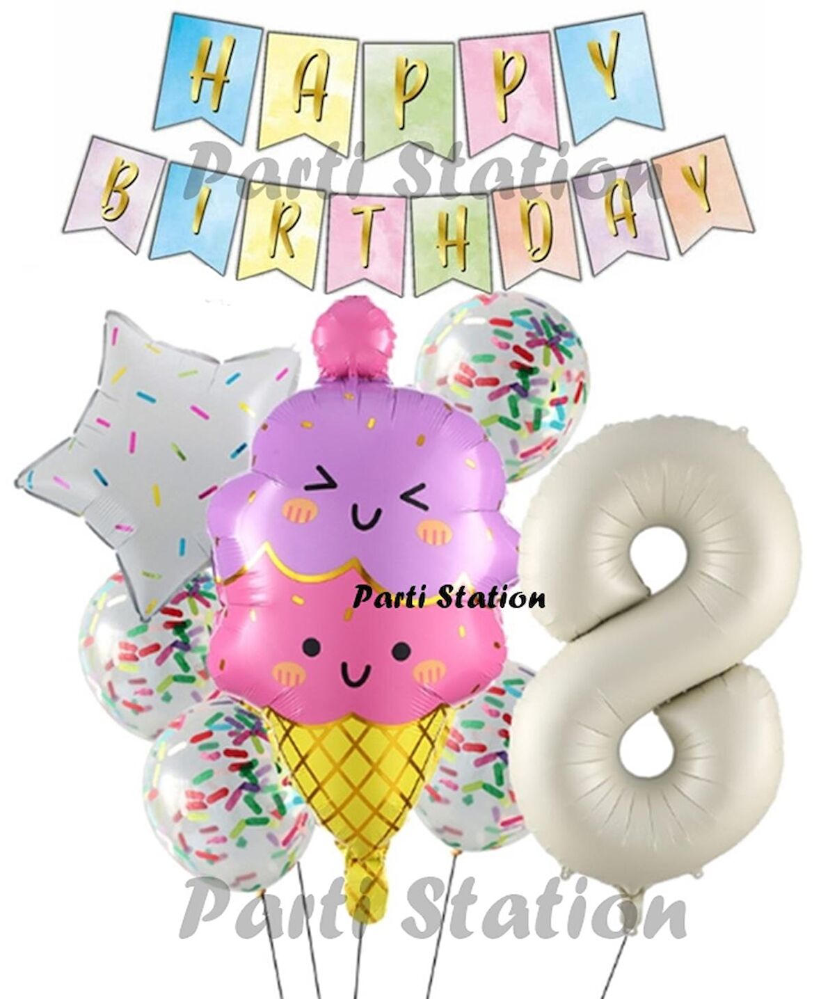 İce Cream Dondurma Konsept Doğum Günü 8 Yaş Balon Set Yaz Tema Sevimli Dondurma Folyo Balon Set