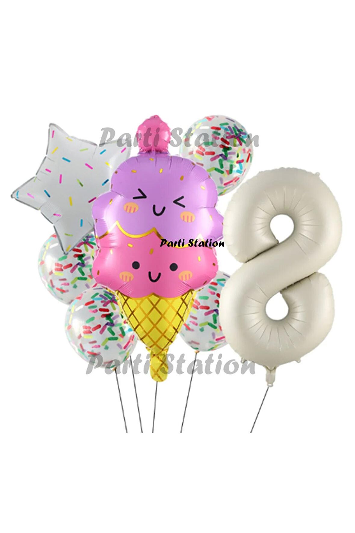 Dondurma İce Cream Konsept Doğum Günü 8 Yaş Balon Set Yaz Tema Sevimli Dondurma Folyo Balon Set