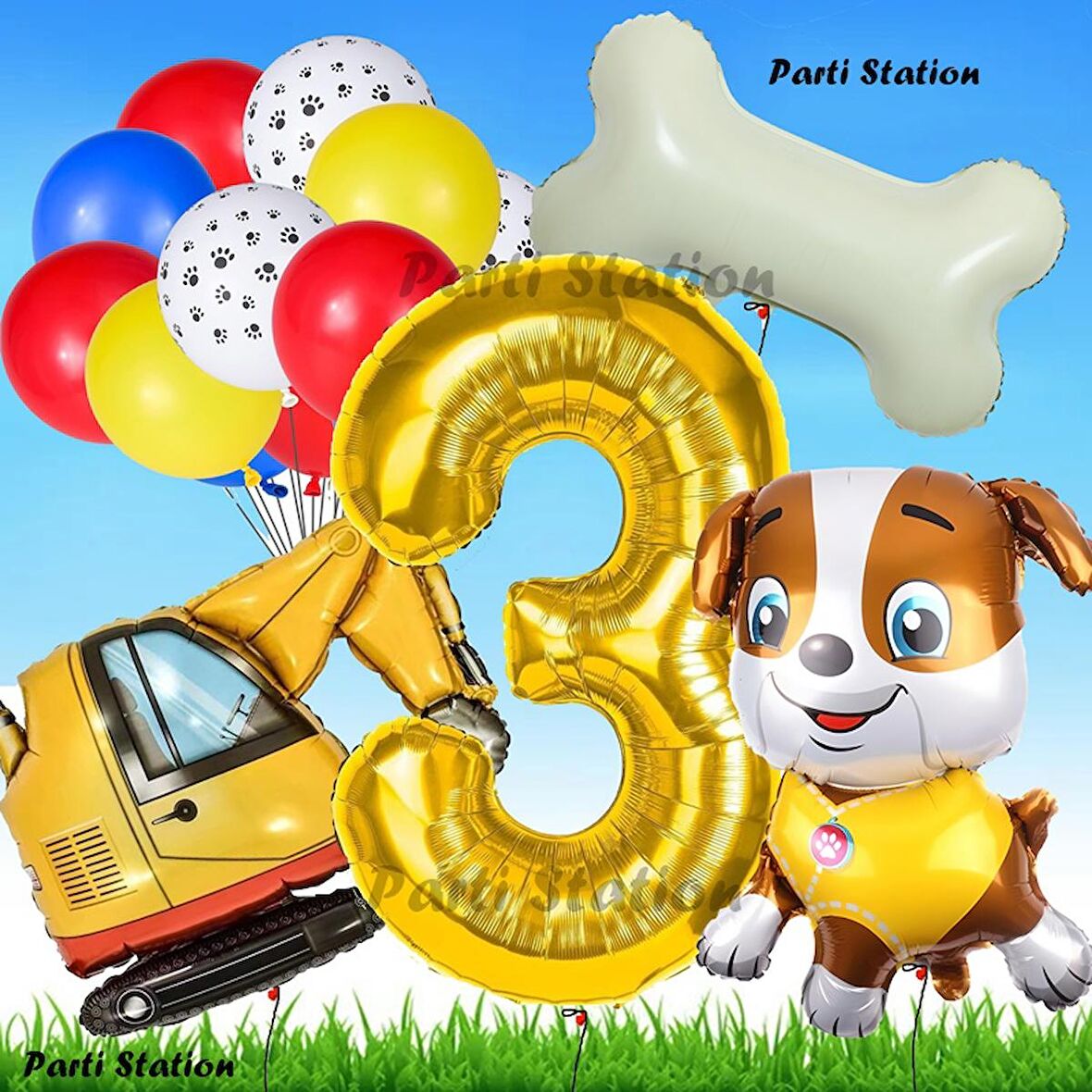 Paw Patrol Rubble Dozer Araçlı Köpek Konsept 3 Yaş Doğum Günü Parti Balon Set Paw Patrol Kemik Balon