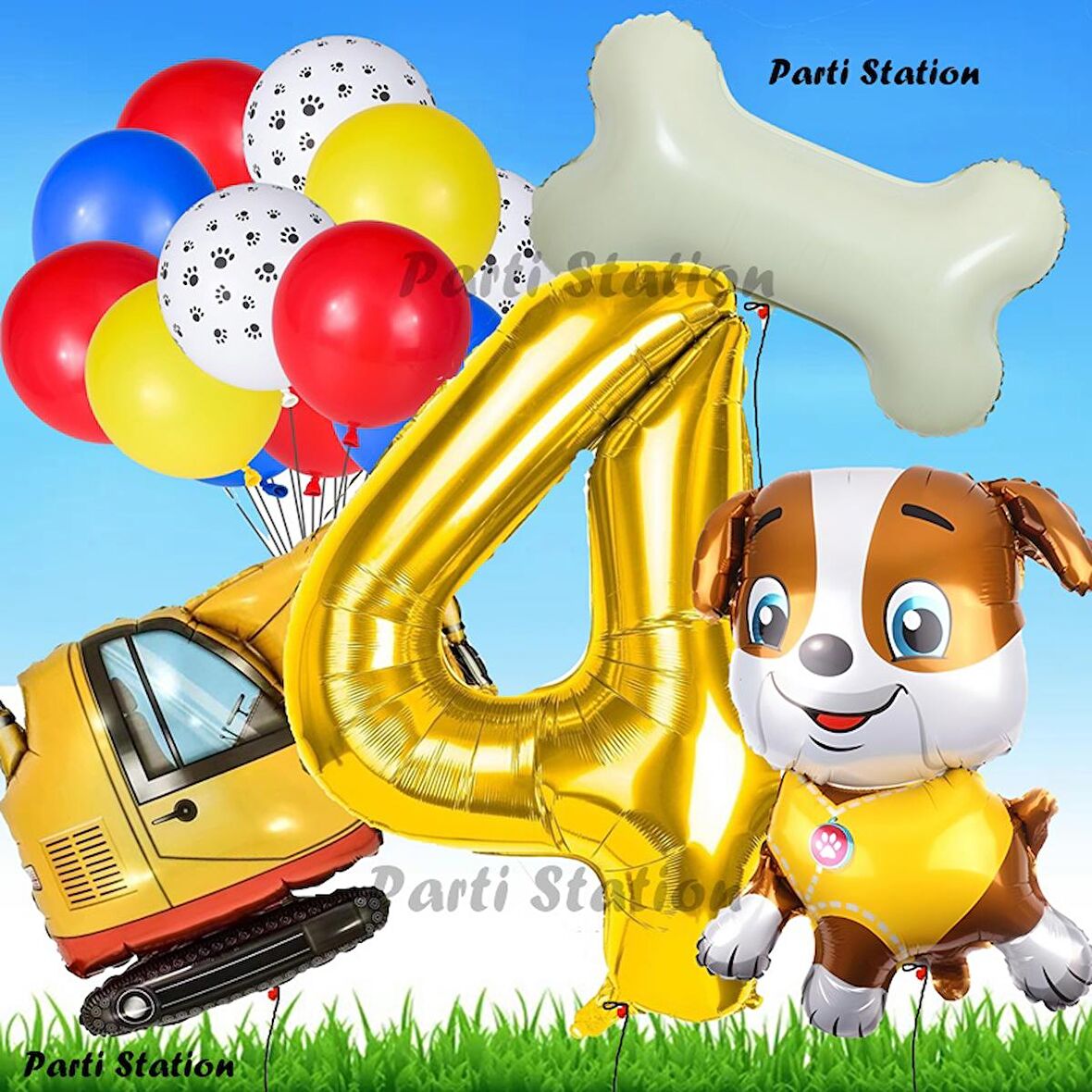 Paw Patrol Rubble Dozer Araçlı Köpek Konsept 4 Yaş Doğum Günü Parti Balon Set Paw Patrol Kemik Balon