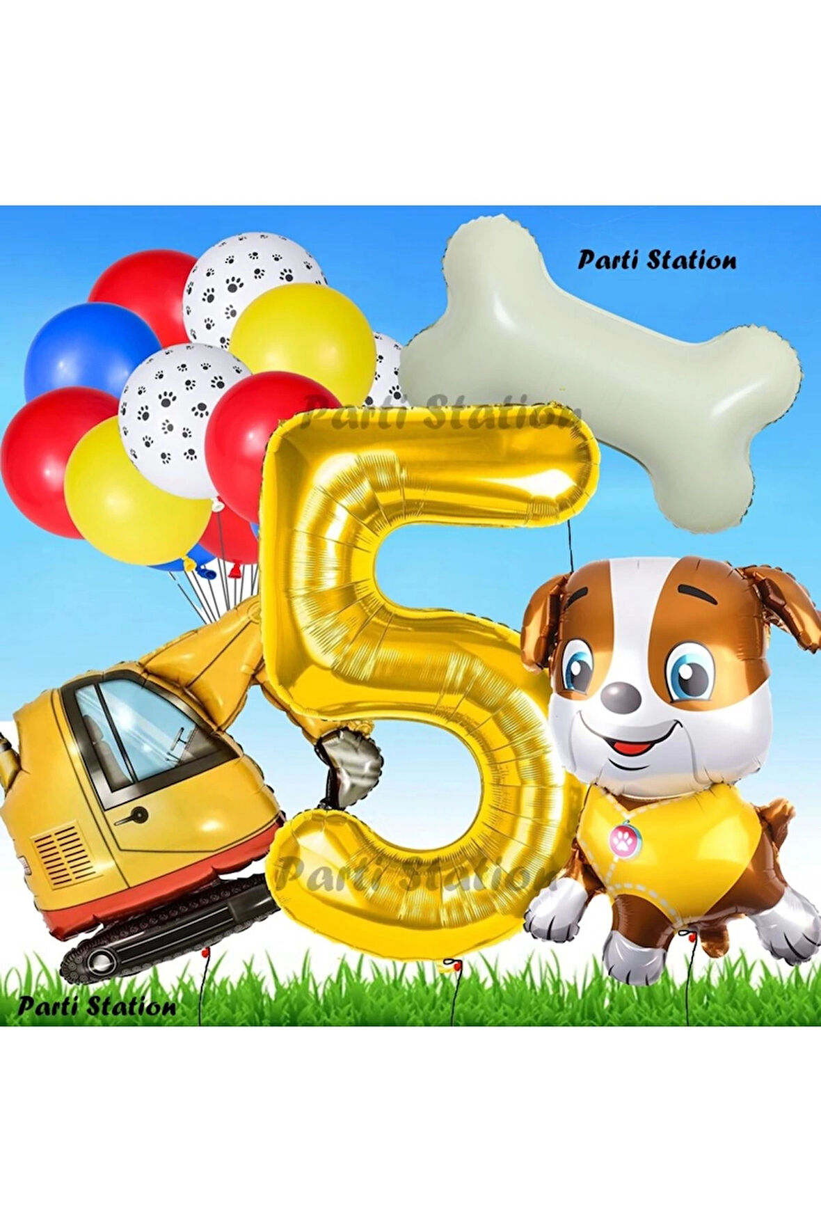 Paw Patrol Rubble Dozer Araçlı Köpek Konsept 3 Yaş Doğum Günü Parti Balon Set Paw Patrol Kemik Balon
