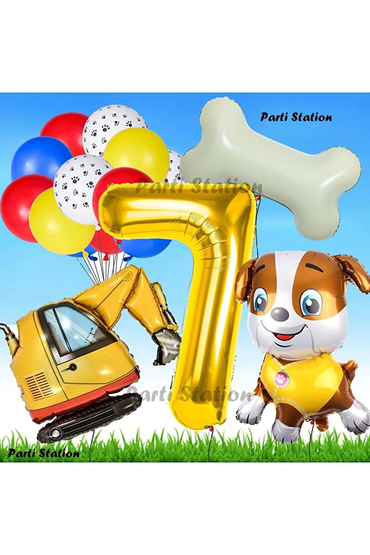 Paw Patrol Rubble Dozer Araçlı Köpek Konsept 3 Yaş Doğum Günü Parti Balon Set Paw Patrol Kemik Balon