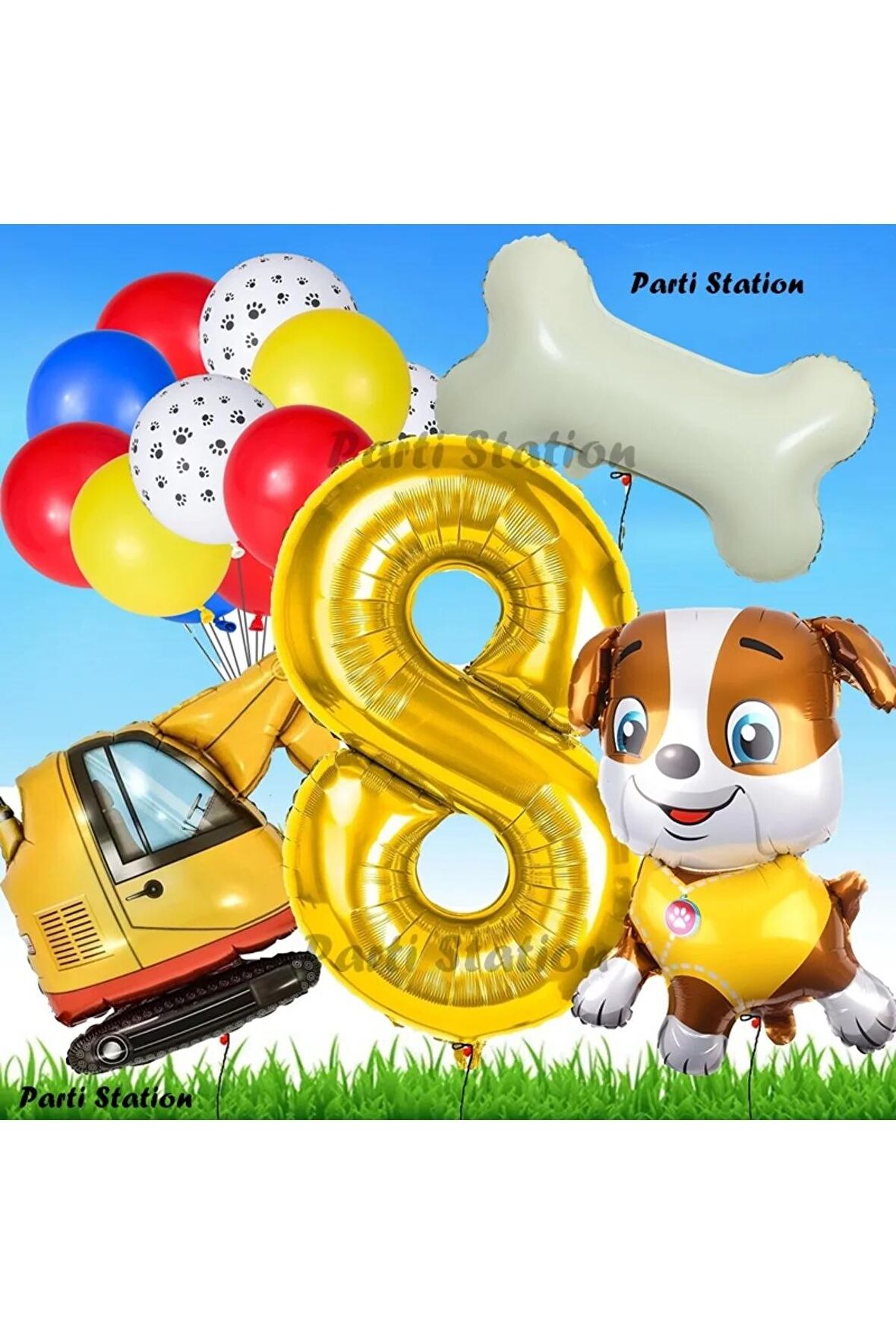 Rubble Dozer Araçlı Köpek Konsept 8 Yaş Doğum Günü Parti Balon Set Paw Patrol Kemik Balon