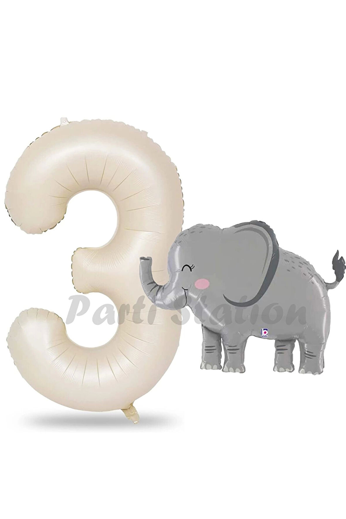 Sevimli Fil Balon 3 Yaş Doğum Günü Balon Set Safari Konsept Fil Balon ve Krem Renk Rakam Balon