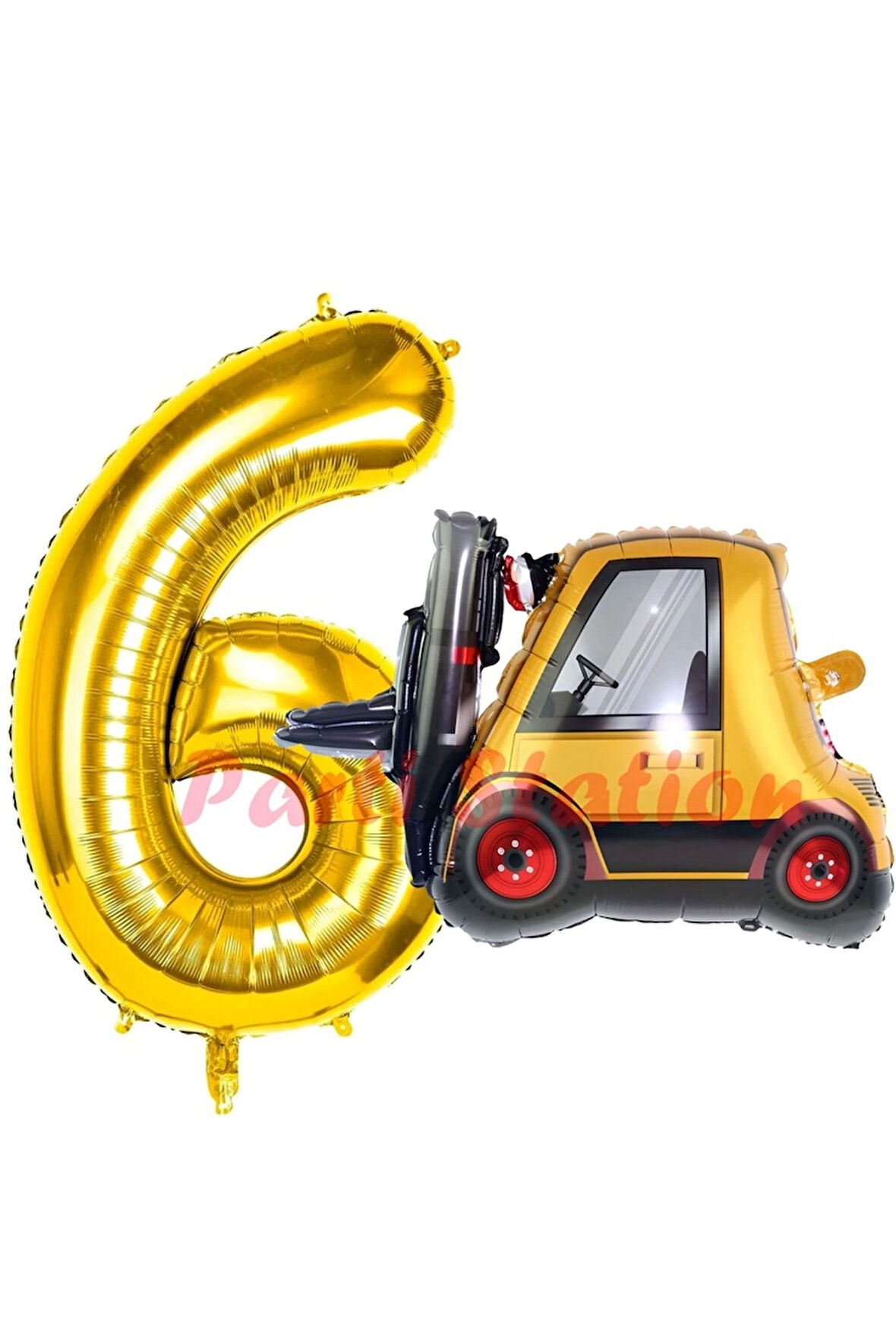 İnşaat Forklift Kamyonu Balon 6 Yaş Doğum Günü Balon Set İş Makineleri Konsept Ve Gold Rakam Balon