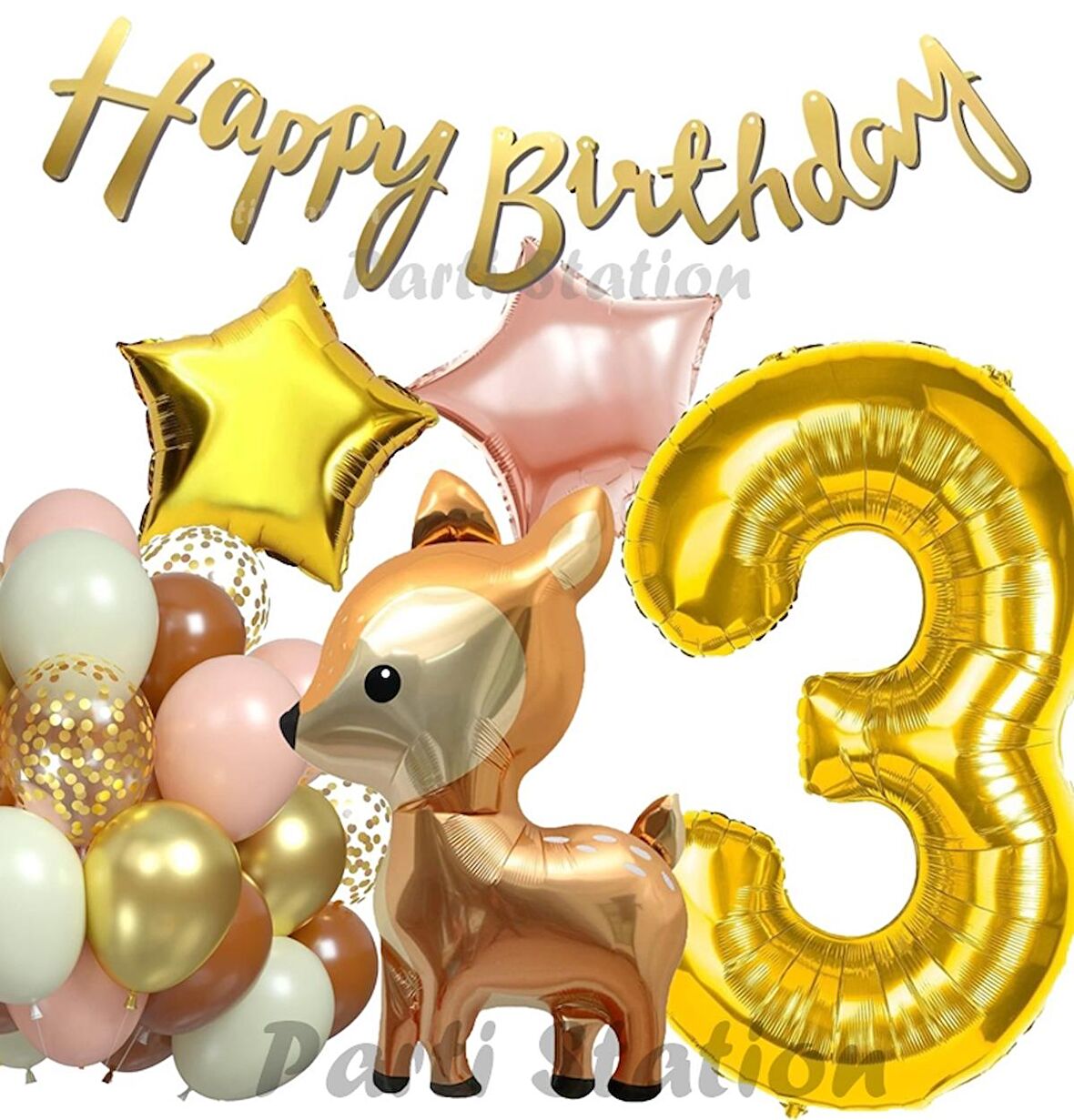 Woodland Geyik 3 Yaş Folyo Balon Set Ceylan Geyik Doğum Günü Parti Balon Set Geyik Konsept Balon Set