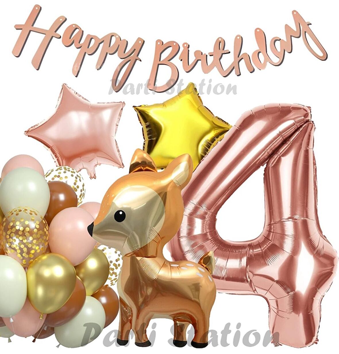 Woodland Geyik 4 Yaş Folyo Rosegold Balon Set Geyik Ceylan Doğum Günü Parti Balon Set Geyik Konsept