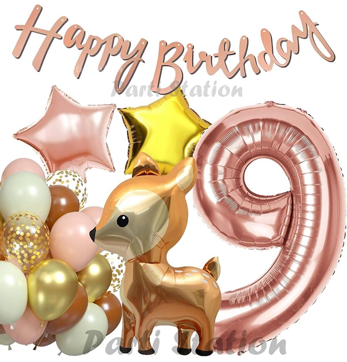Woodland Geyik 9 Yaş Folyo Rosegold Balon Set Geyik Ceylan Doğum Günü Parti Balon Set Geyik Konsept