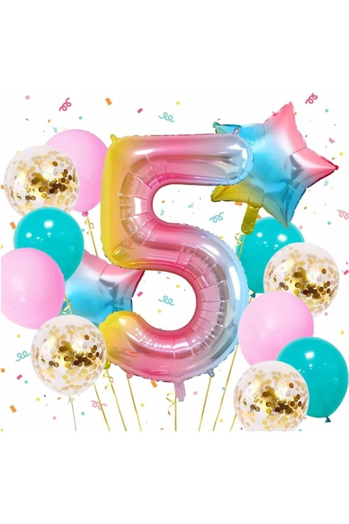 Gökkuşağı Rengarenk 5 Yaş Balon Set Yıldız Balon Folyo Set Konsept Doğum Günü Set Yaş Balon Set