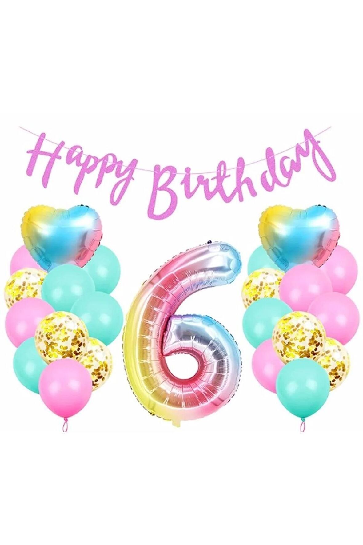 Happy Birthday Rengarenk 6 Yaş Balon Set Yıldız Balon Folyo Set Konsept Doğum Günü Set Yaş Balon Set