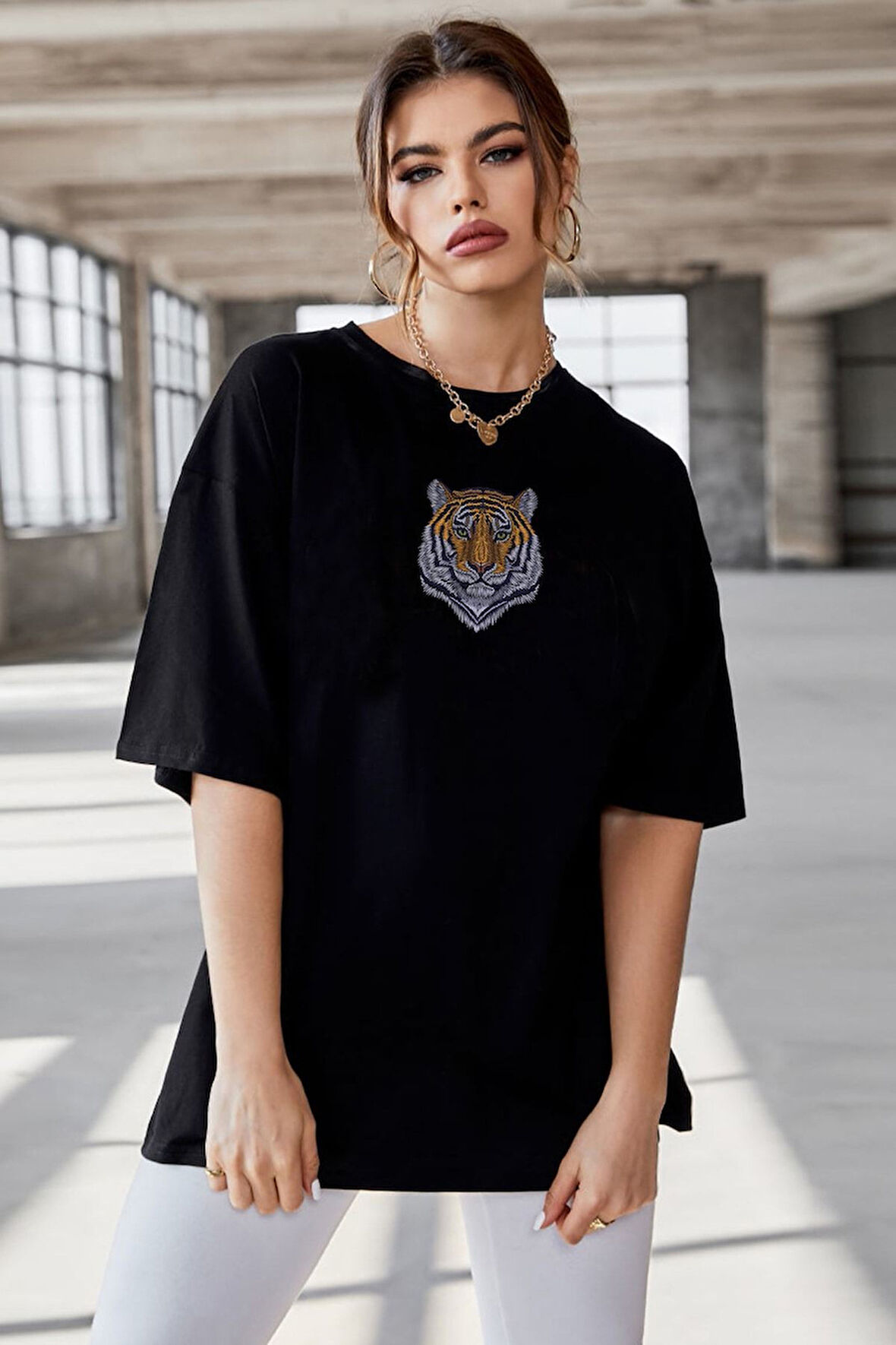 Azurco Oversize Tiger Baskılı Siyah Tshirt