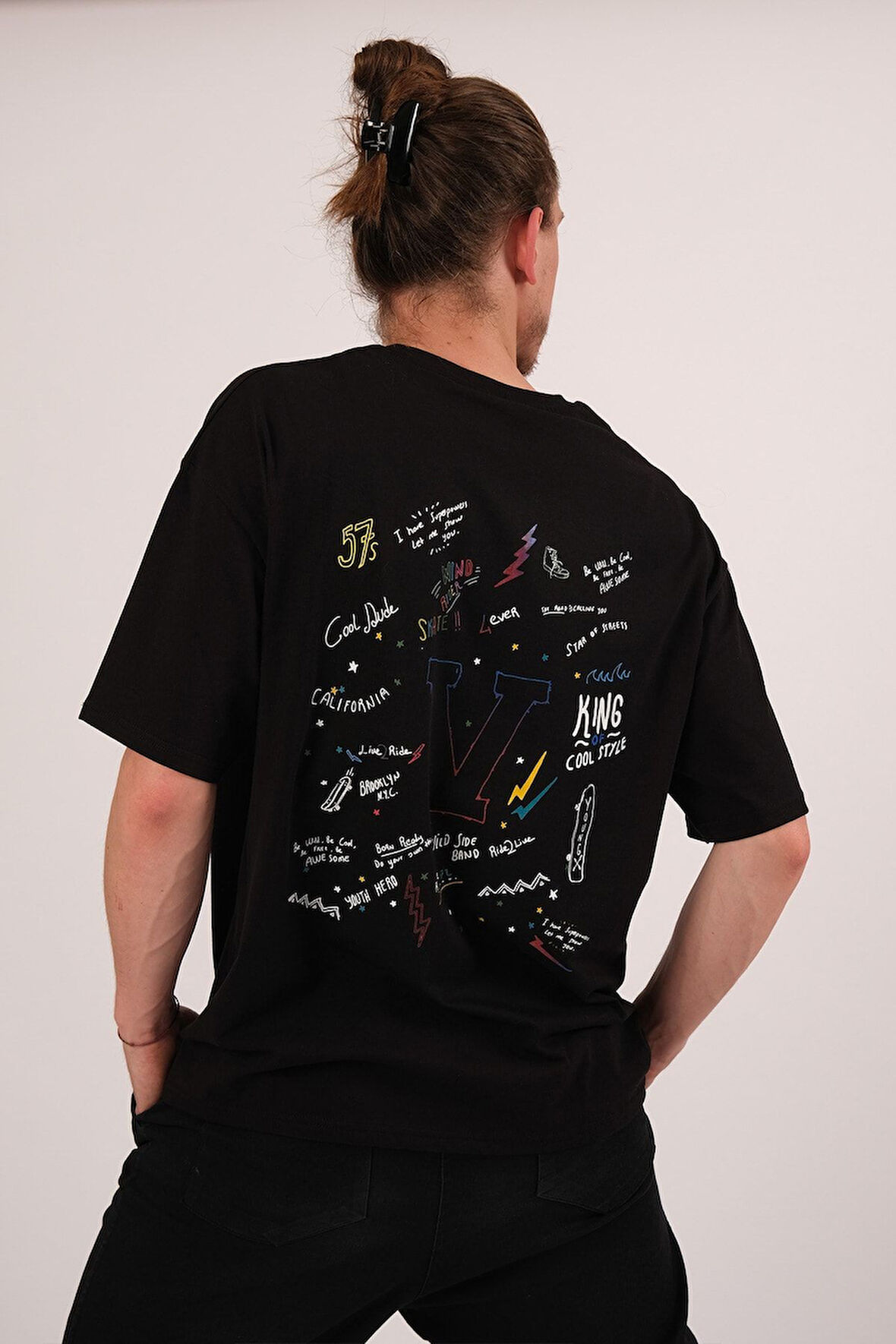 Oversize Cool Dude Baskılı Siyah Tshirt
