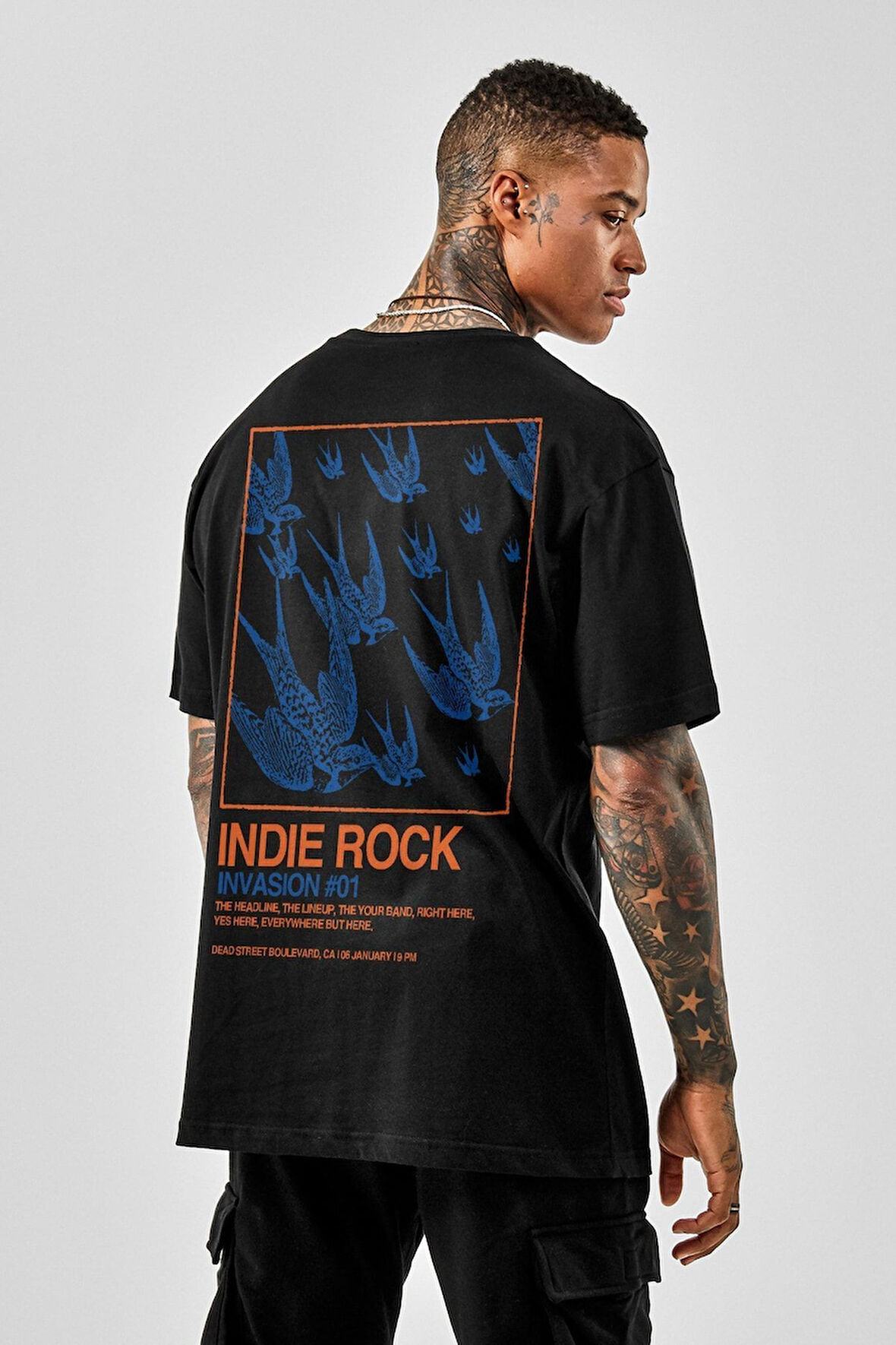Oversize Indie Rock Baskılı Siyah Tshirt