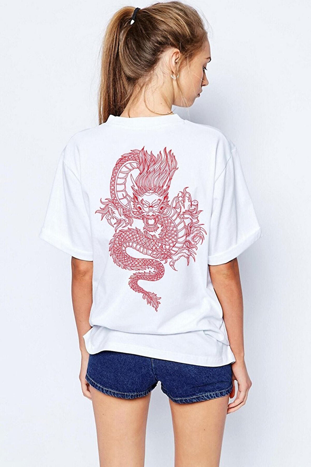 Oversize Dragon Baskılı Beyaz Tshirt