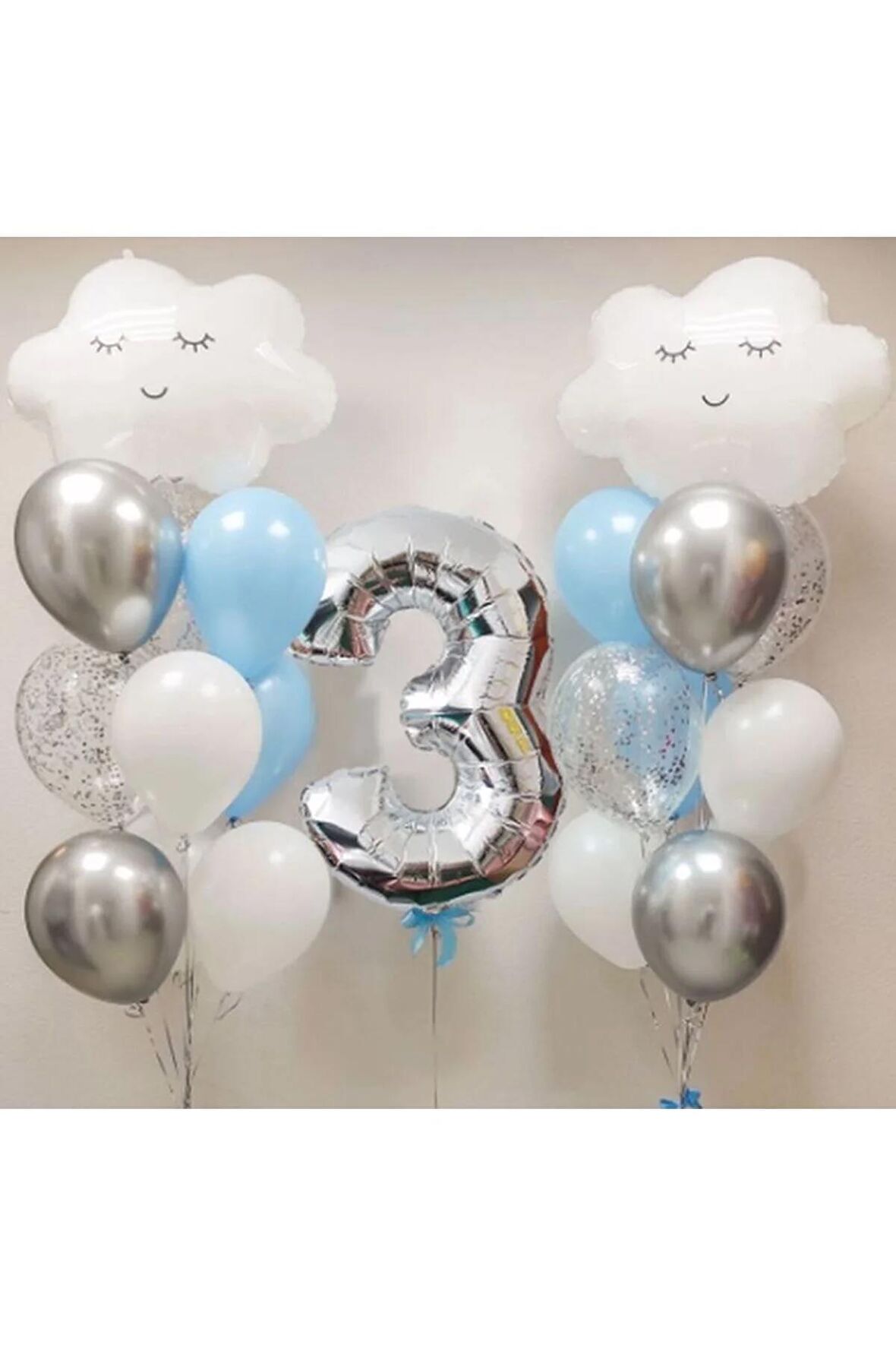 Gökyüzü Bulut 3 Yaş Balon Set Yıldız Balon Folyo Set Konsept Doğum Günü Set Yaş Balon Set