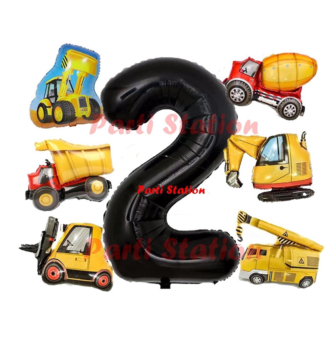 İnşaat Araçları Konsept Doğum Günü 2 Yaş Balon Set Mini Boy Kepçe Dozer Mikser Kamyon Forklift Balon