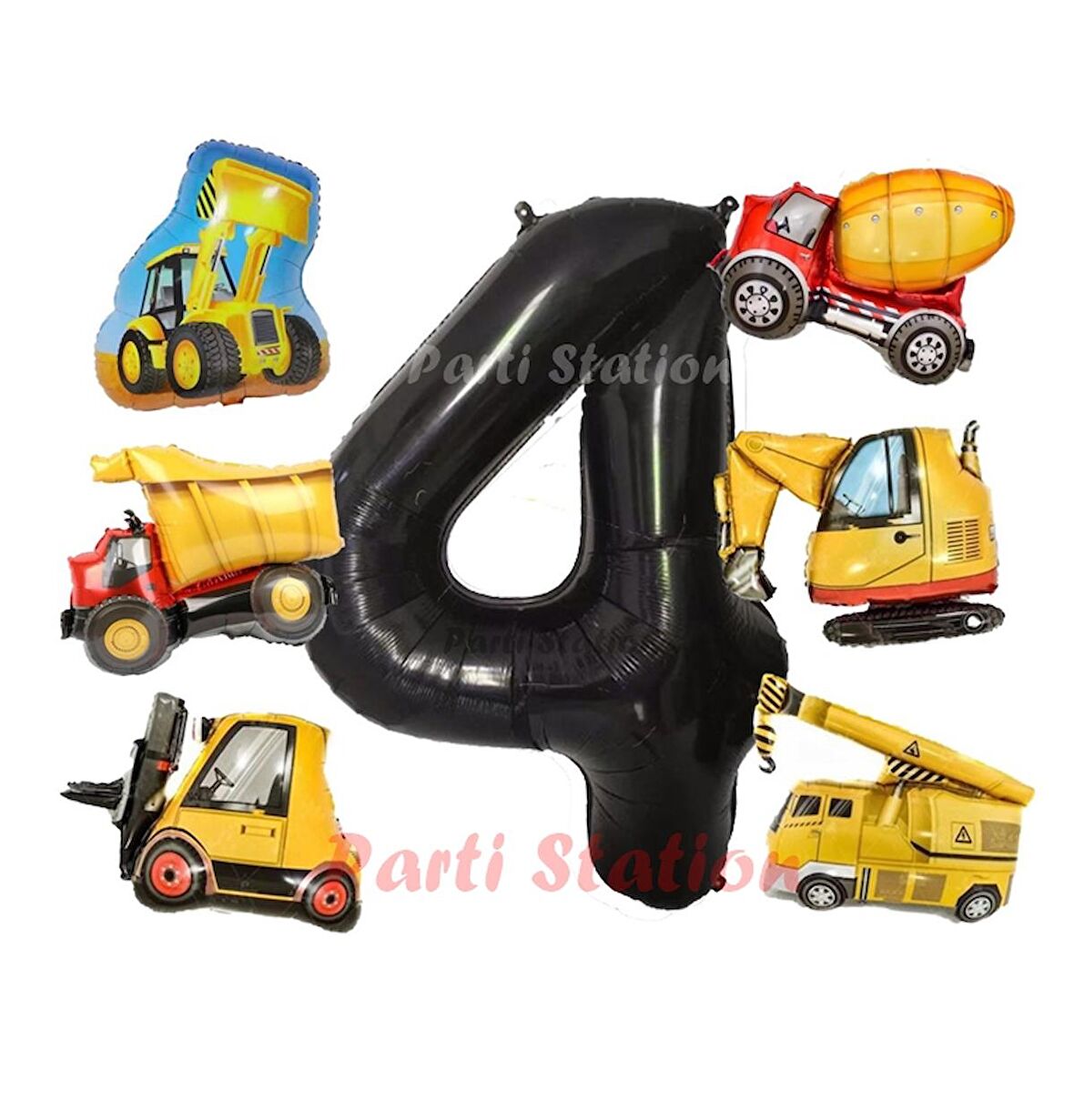 İnşaat Araçları Konsept Doğum Günü 4 Yaş Balon Set Mini Boy Kepçe Dozer Mikser Kamyon Forklift Balon