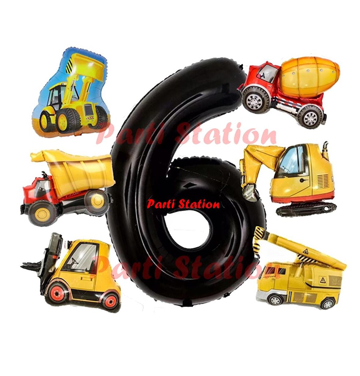 İnşaat Araçları Konsept Doğum Günü 6 Yaş Balon Set Mini Boy Kepçe Dozer Mikser Kamyon Forklift Balon