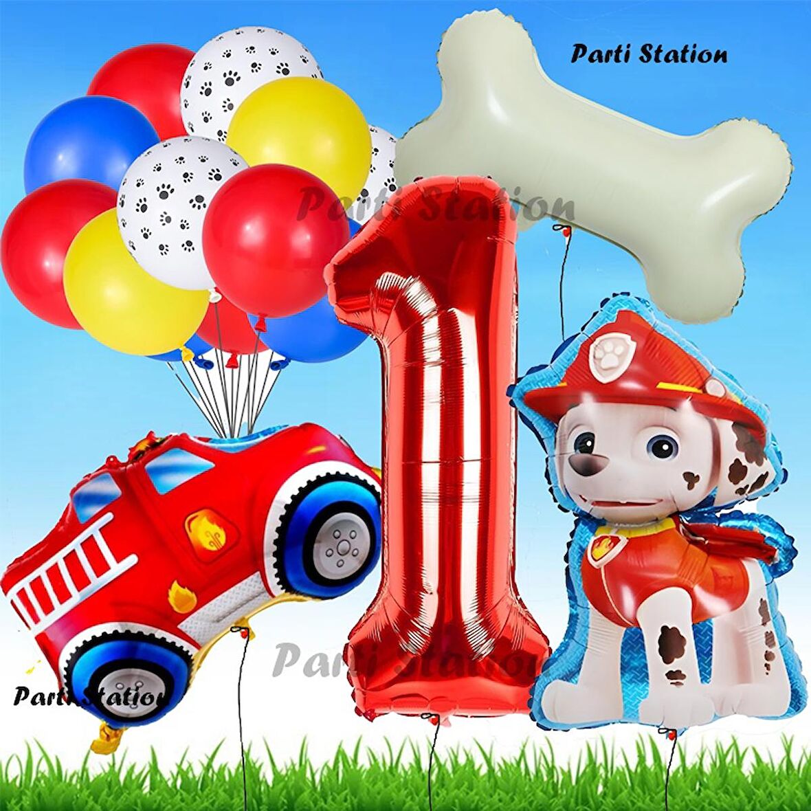 Paw Patrol Marshall İtfaiyeci Köpek Konsept 1 Yaş Doğum Günü Parti Balon Set Paw Patrol Kemik Balon