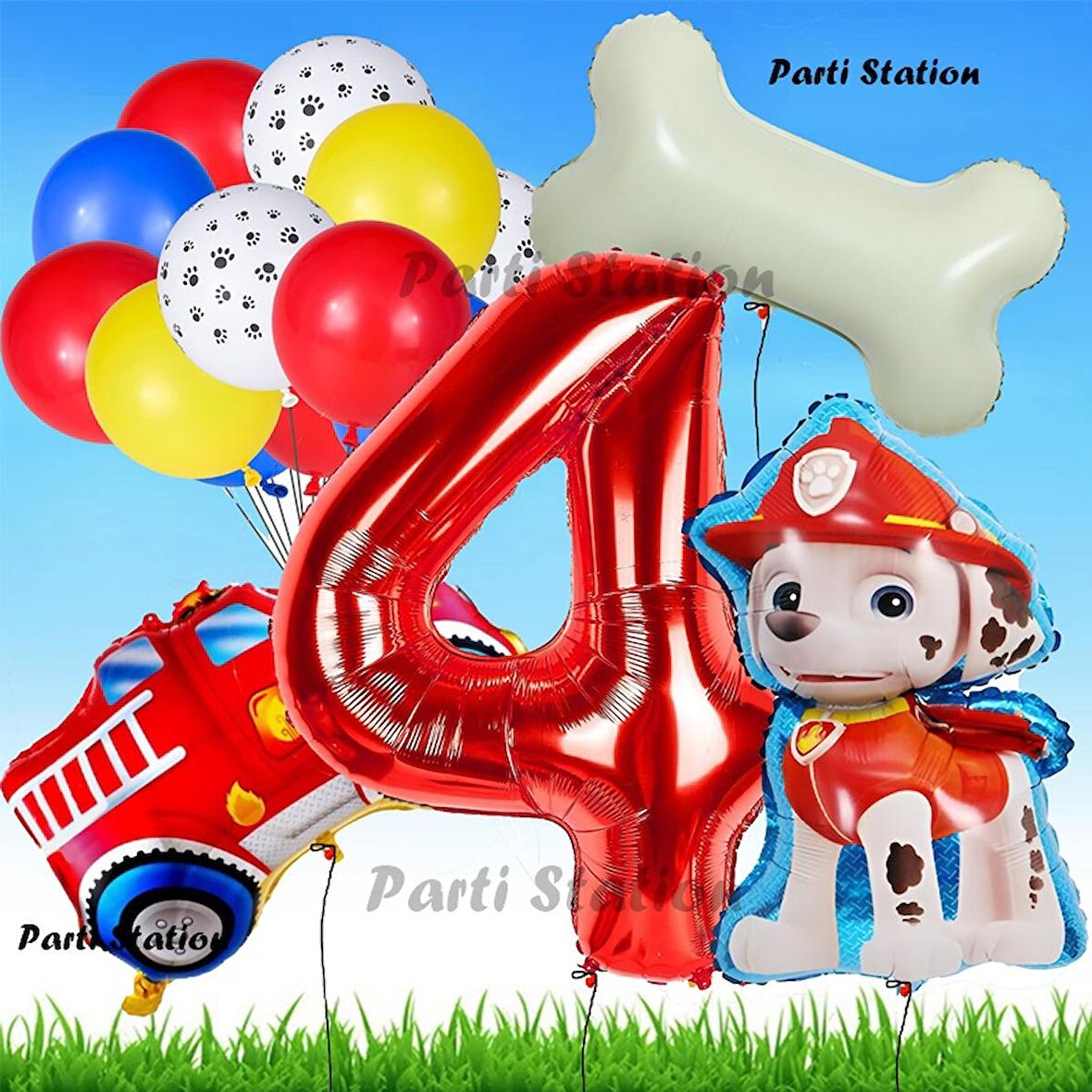 Paw Patrol Marshall İtfaiyeci Köpek Konsept 4 Yaş Doğum Günü Parti Balon Set Paw Patrol Kemik Balon