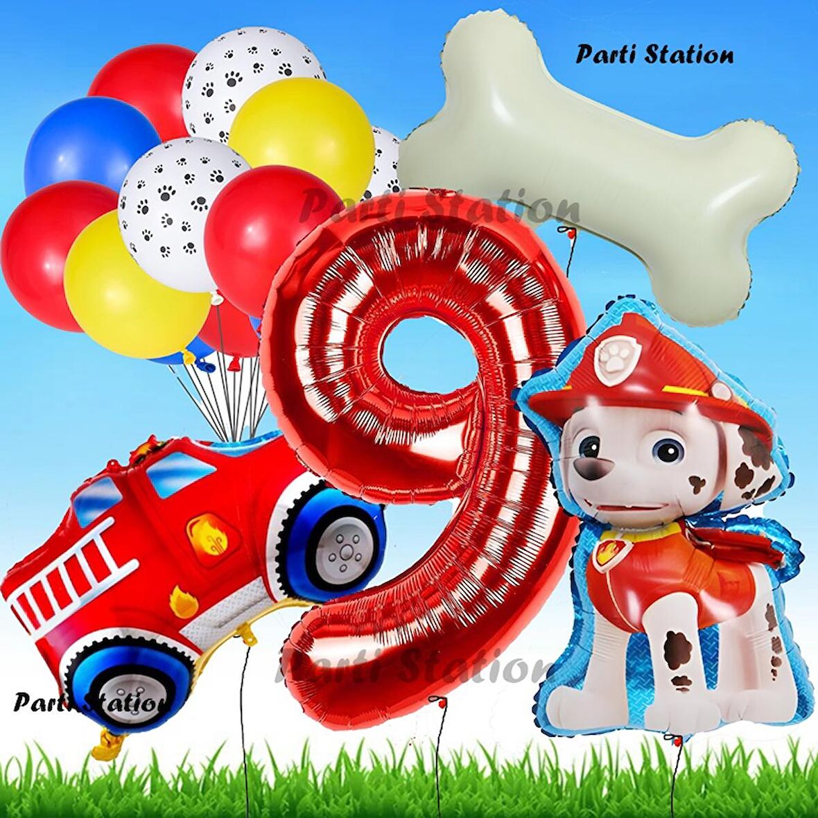 Paw Patrol Marshall İtfaiyeci Köpek Konsept 9 Yaş Doğum Günü Parti Balon Set Paw Patrol Kemik Balon