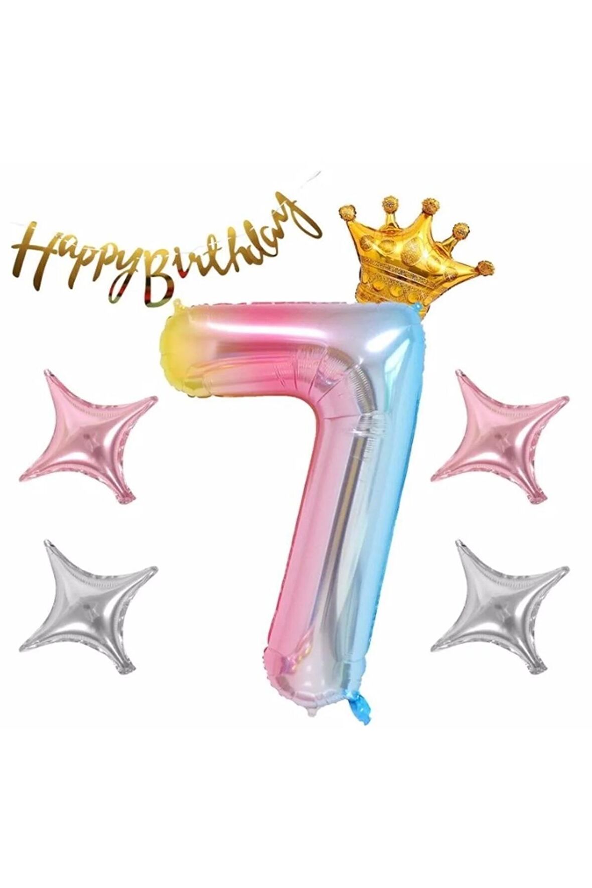 Happy Birthday Rengarenk 7 Yaş Balon Set Yıldız Balon Folyo Set Konsept Doğum Günü Set Yaş Balon Set