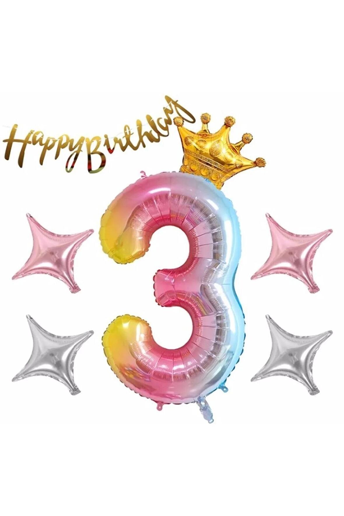 Happy Birthday Rengarenk 3 Yaş Balon Set Yıldız Balon Folyo Set Konsept Doğum Günü Set Yaş Balon Set