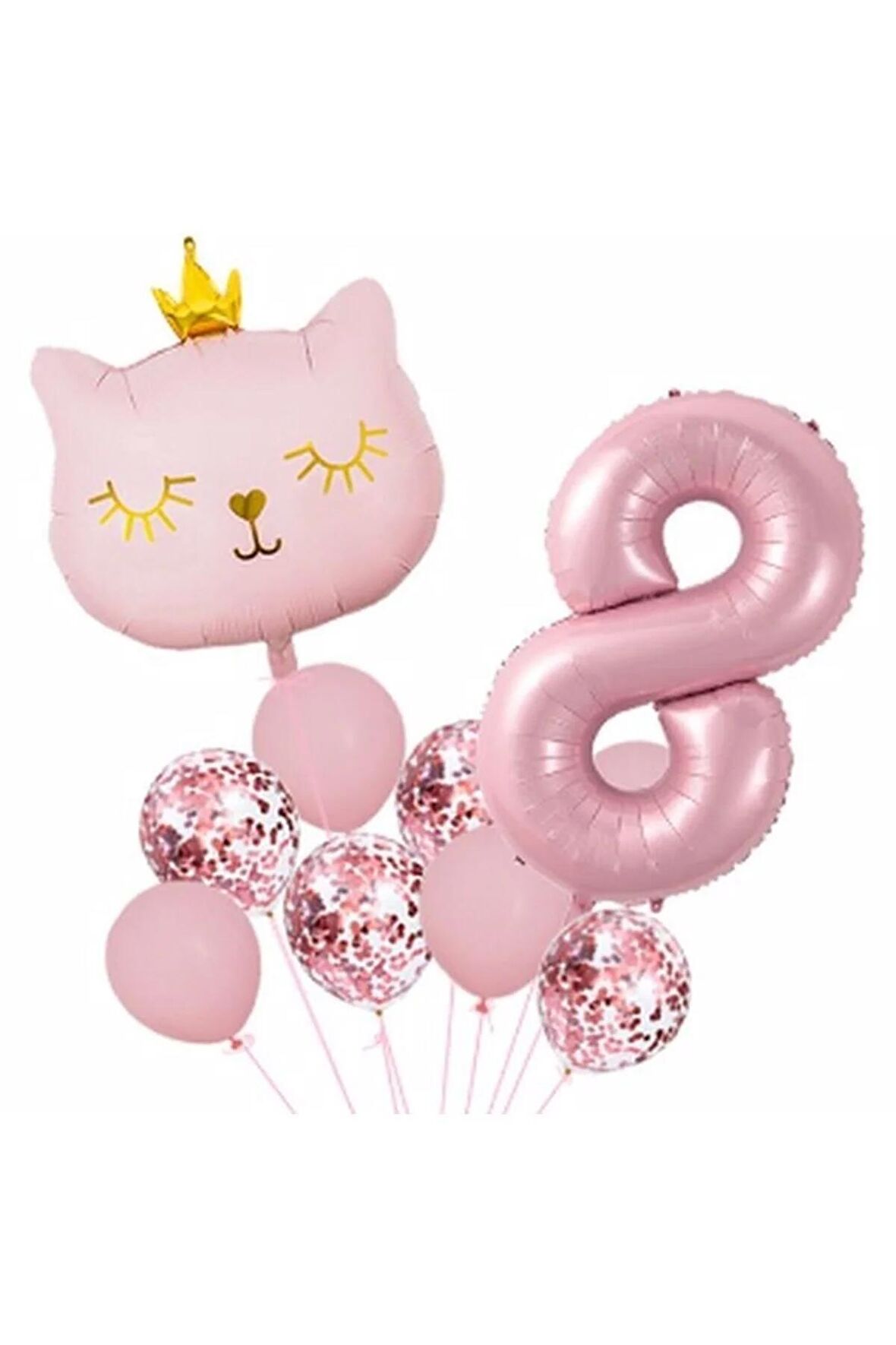 Pembe Kedi 8 Yaş Balon Set Balon Folyo Set Pembe Kedi Konsept Doğum Günü Set Yaş Balon Set