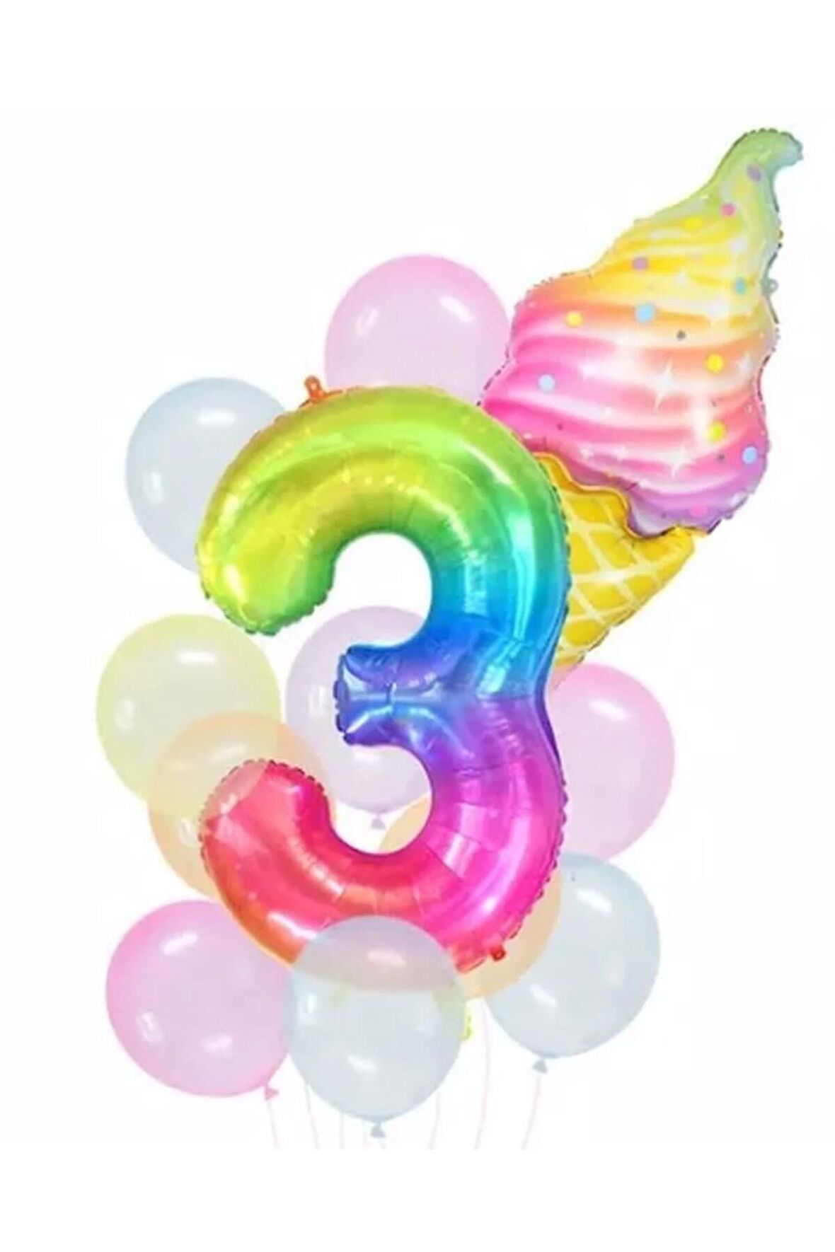 Gökkuşağı Rakam Ve Dondurma 3 Yaş Balon Set Balon Folyo Set Dondurma Konsept Doğum Günü Set