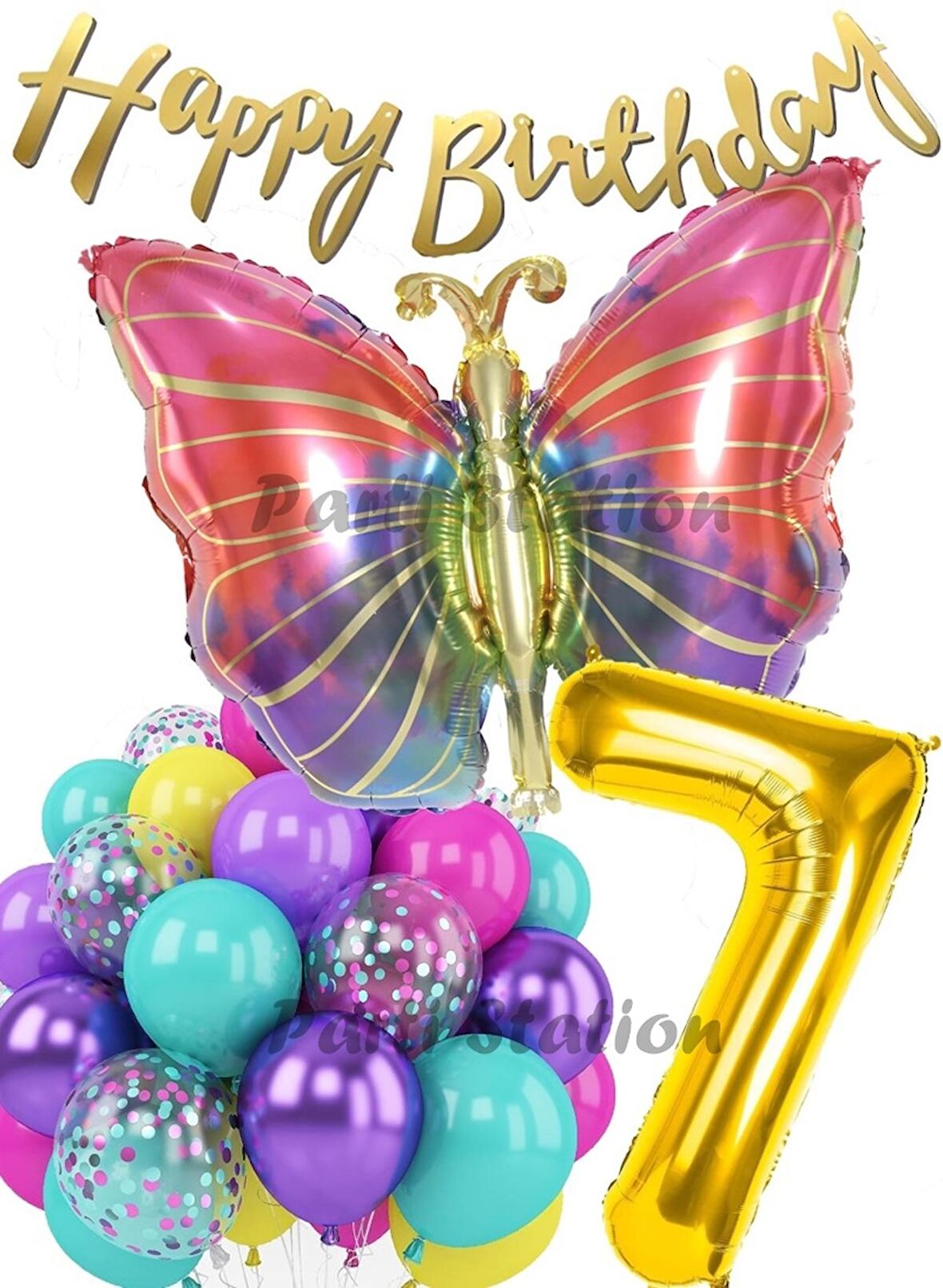 Rengarenk Kelebek 7 Yaş Balon Set Colorfull Butterfly Gökkuşağı Konsept Parti Doğum Günü Balon Seti