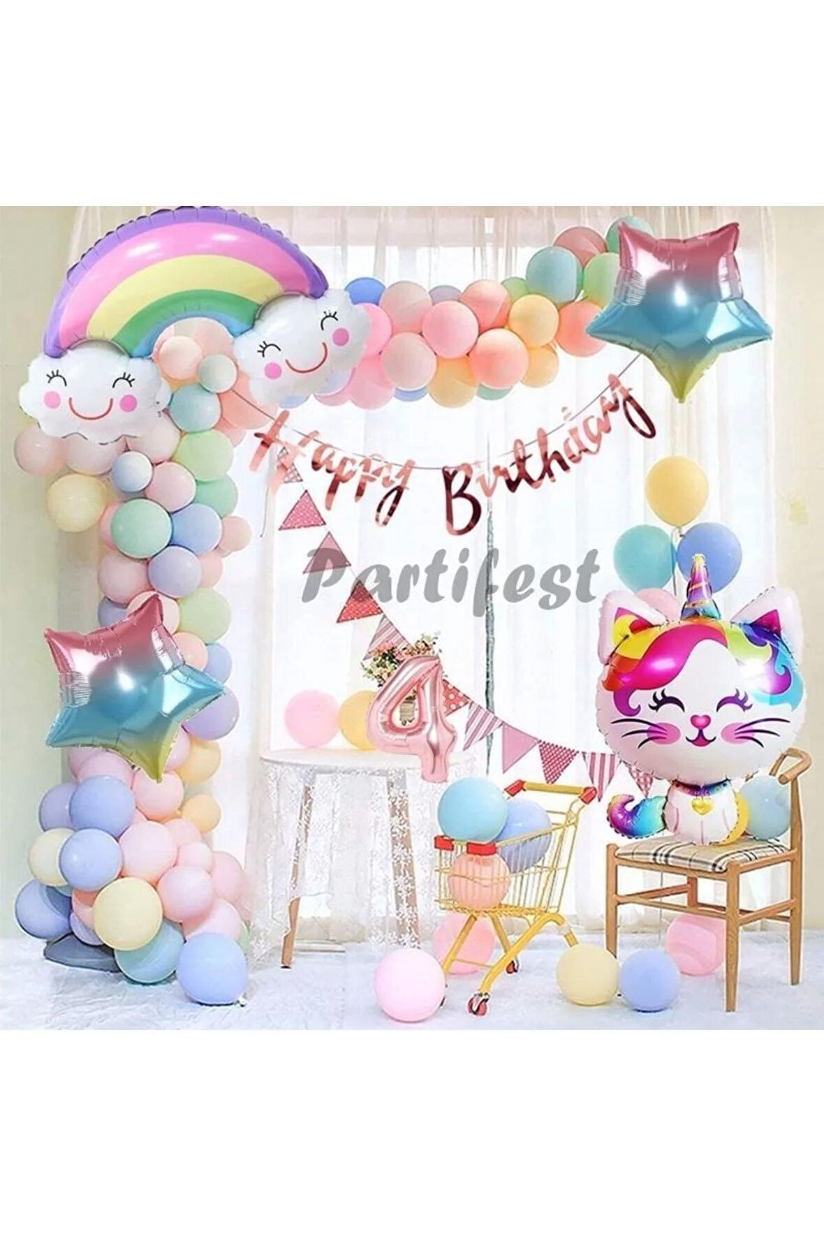 Unicorn Kedi Kitty Rakam Konsept 4 Yaş Balon Doğum Günü Set Yaş Balon Set