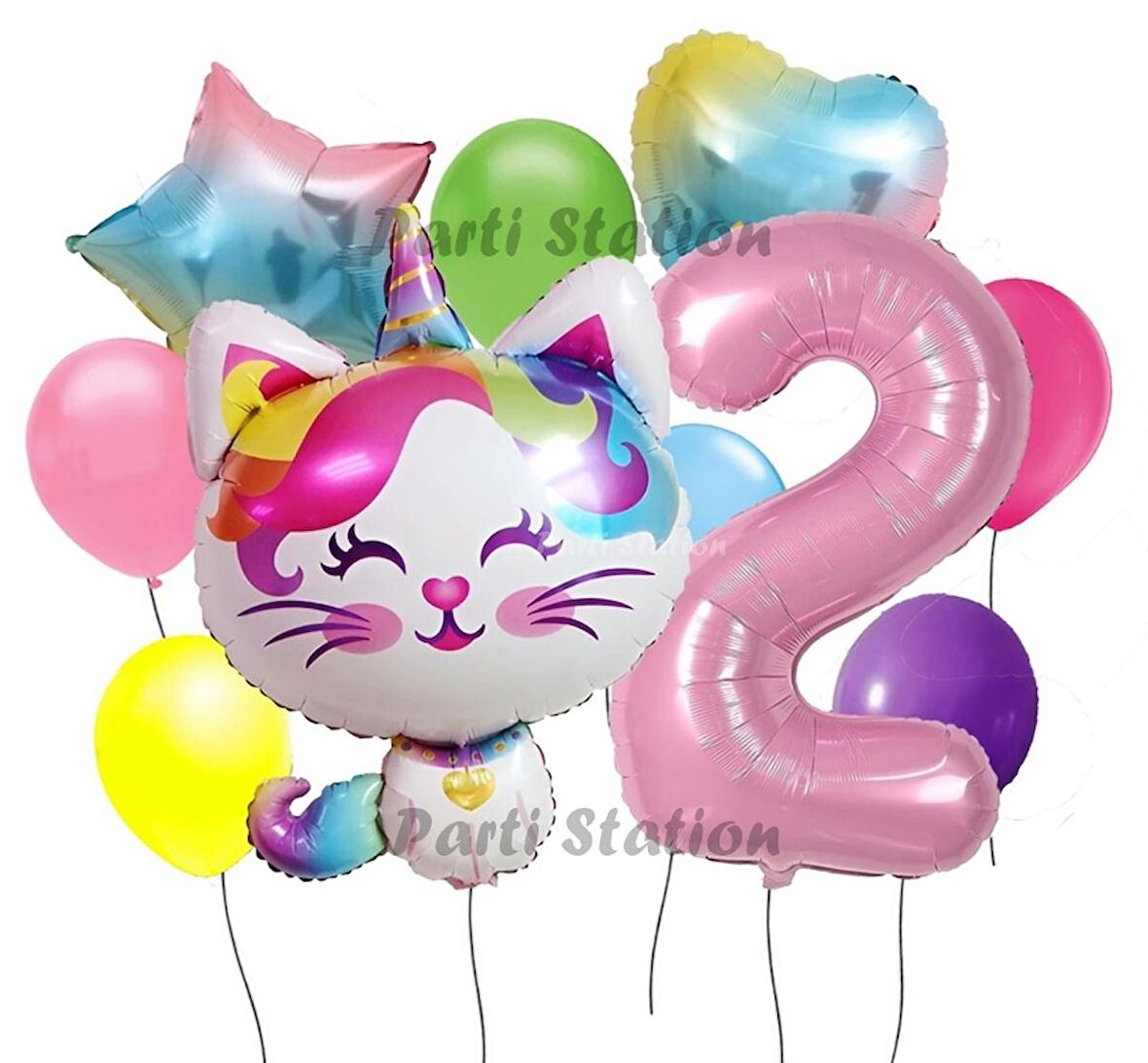 Unicorn Kedi Kitty Konsept 2 Yaş Doğum Günü Parti Balon Set Sevimli Unicorn Kedi Tema Parti Set