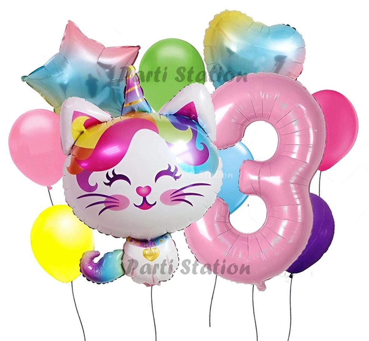 Unicorn Kedi Kitty Konsept 3 Yaş Doğum Günü Parti Balon Set Sevimli Unicorn Kedi Tema Parti Set