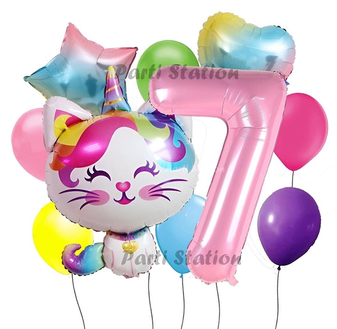 Unicorn Kedi Kitty Konsept 7 Yaş Doğum Günü Parti Balon Set Sevimli Unicorn Kedi Tema Parti Set