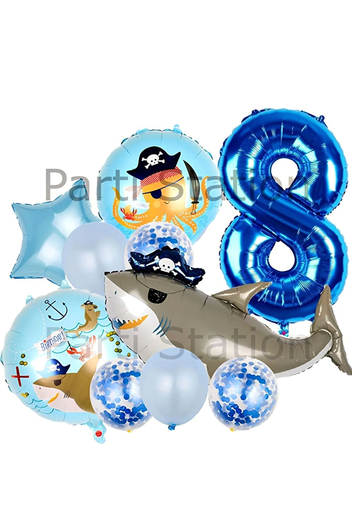 Korsan Köpek Balığı Konsept 4 Yaş Balon Set Korsan Shark Tema Doğum Günü Folyo Balon Set