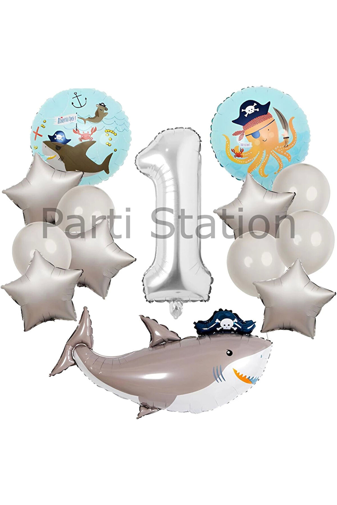 Korsan Tema Köpek Balığı Konsept 6 Yaş Balon Set Korsan Shark Tema Doğum Günü Folyo Balon Set