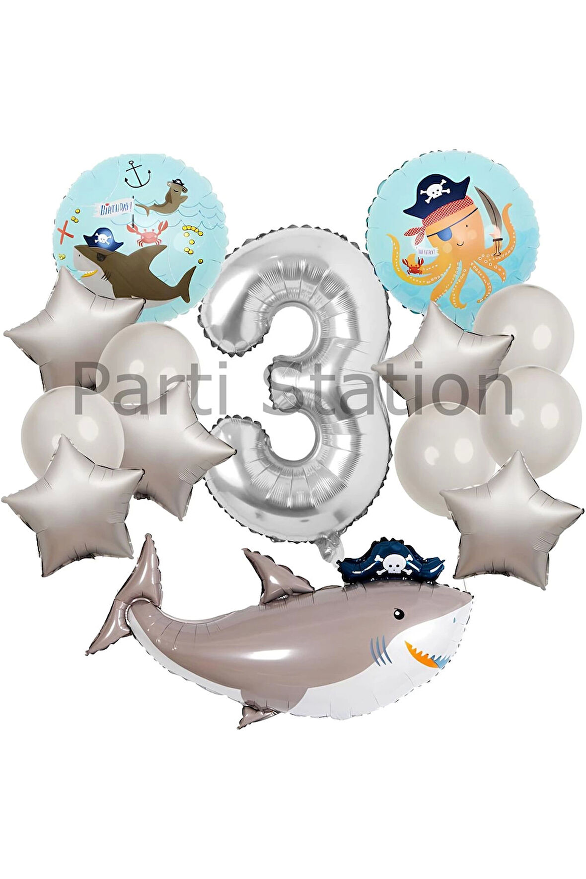 Korsan Tema Köpek Balığı Konsept 6 Yaş Balon Set Korsan Shark Tema Doğum Günü Folyo Balon Set