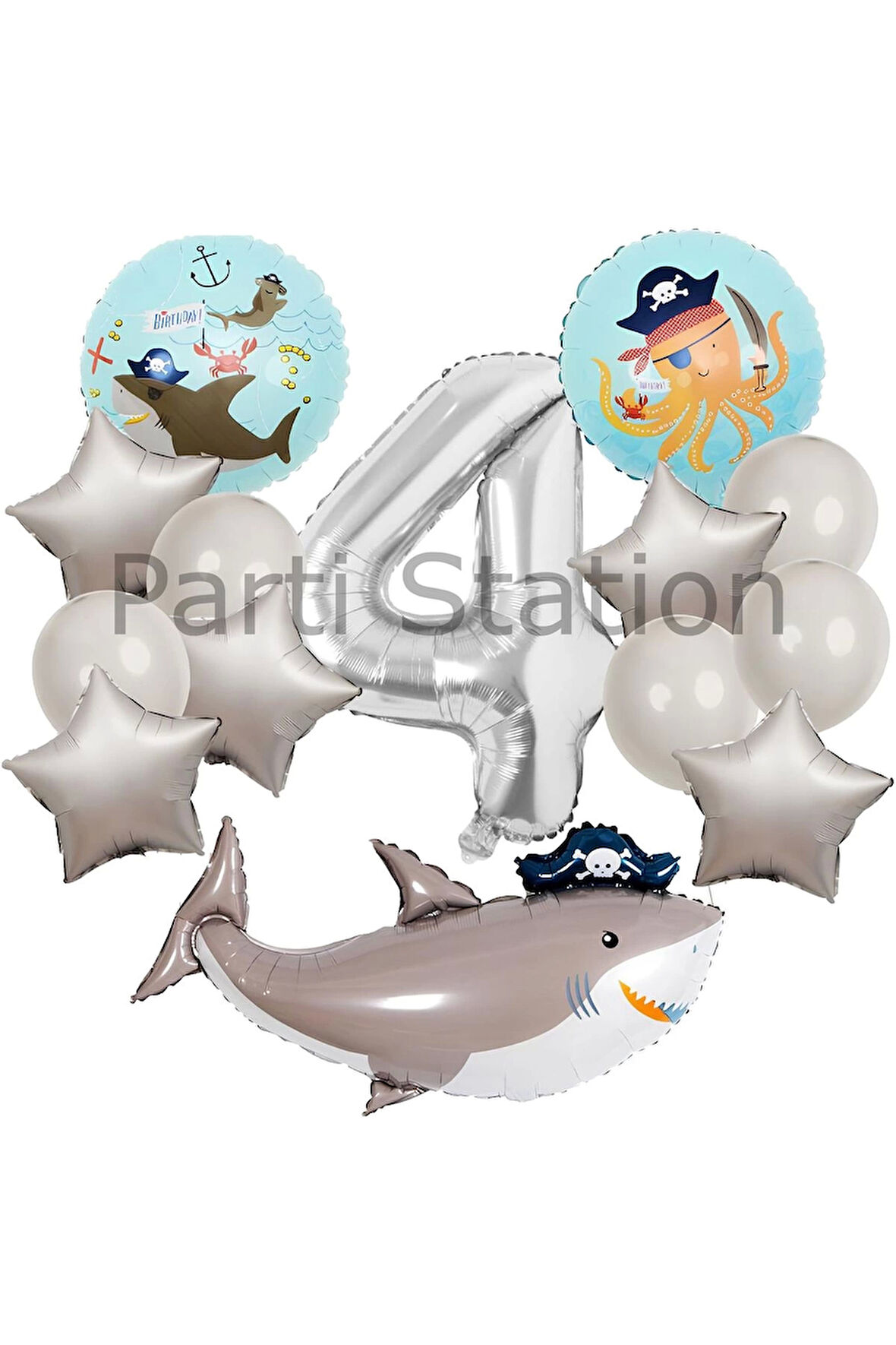 Korsan Tema Köpek Balığı Konsept 6 Yaş Balon Set Korsan Shark Tema Doğum Günü Folyo Balon Set