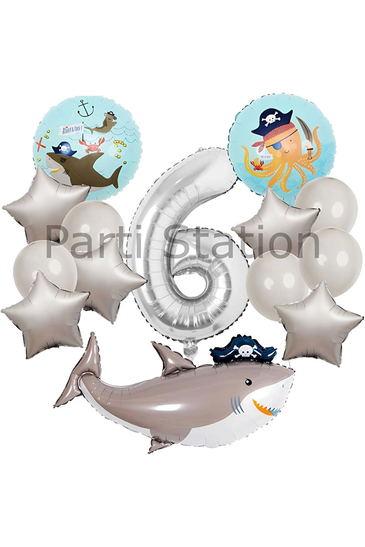 Korsan Tema Köpek Balığı Konsept 6 Yaş Balon Set Korsan Shark Tema Doğum Günü Folyo Balon Set