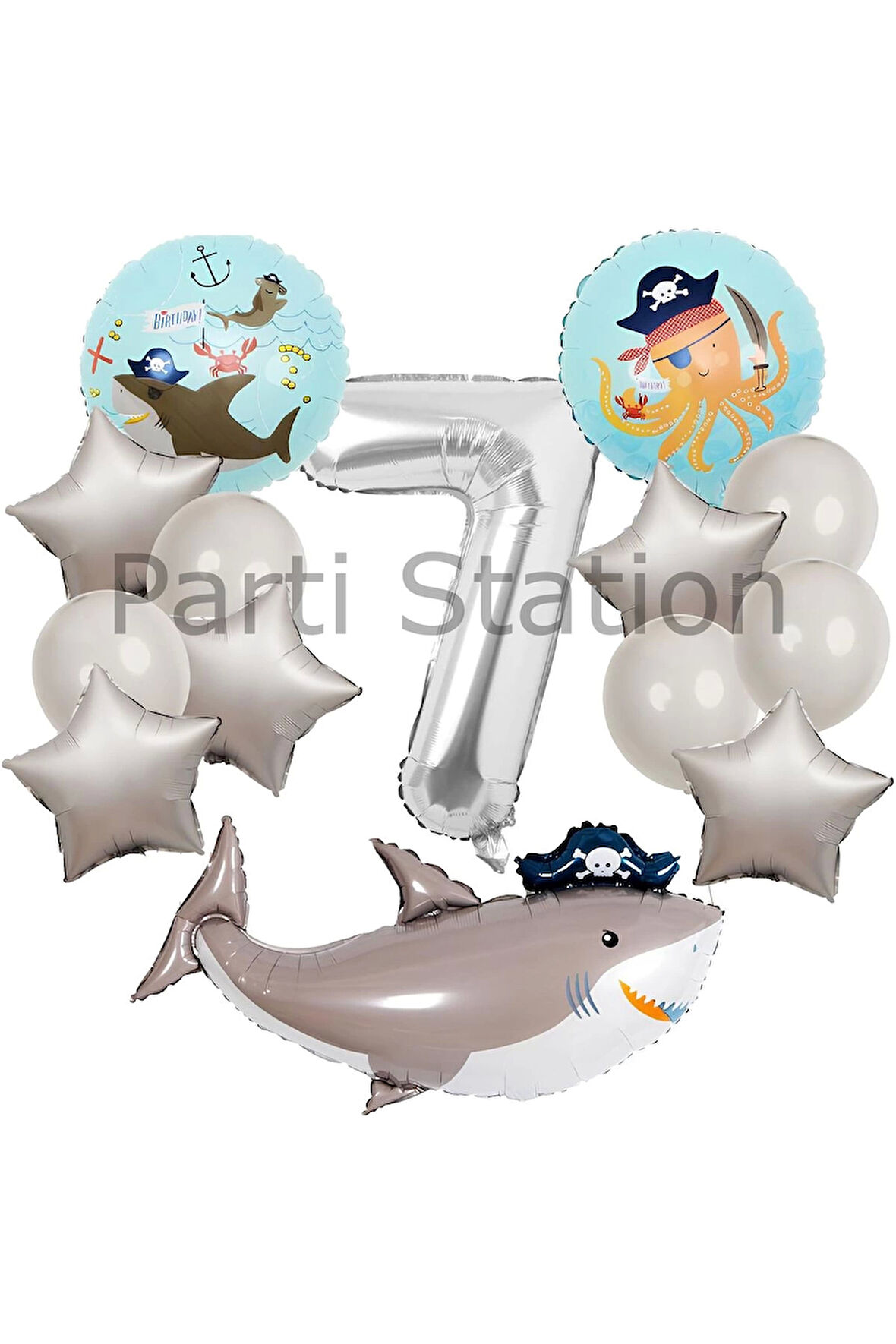 Korsan Tema Köpek Balığı Konsept 6 Yaş Balon Set Korsan Shark Tema Doğum Günü Folyo Balon Set