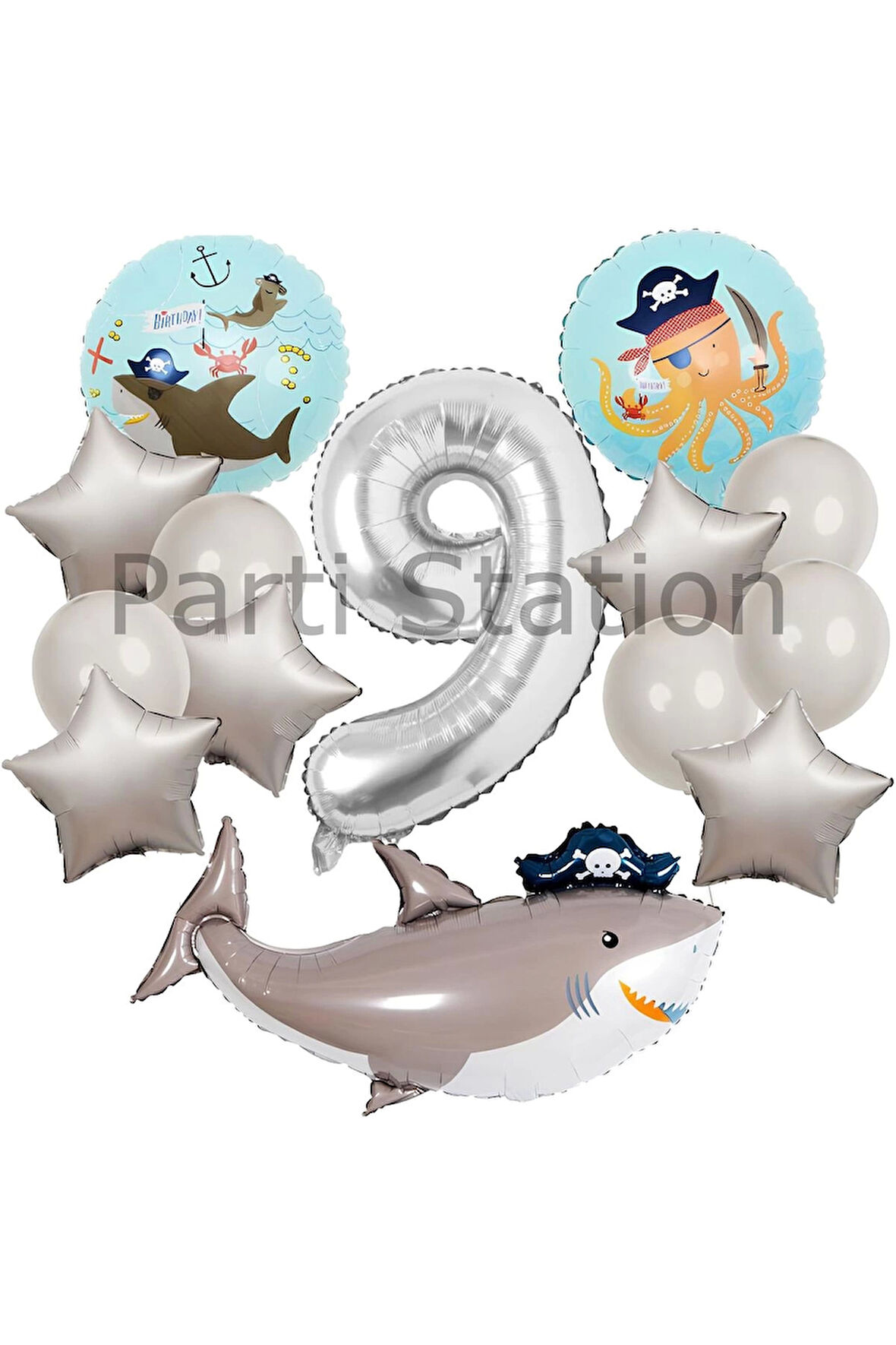 Korsan Tema Köpek Balığı Konsept 6 Yaş Balon Set Korsan Shark Tema Doğum Günü Folyo Balon Set