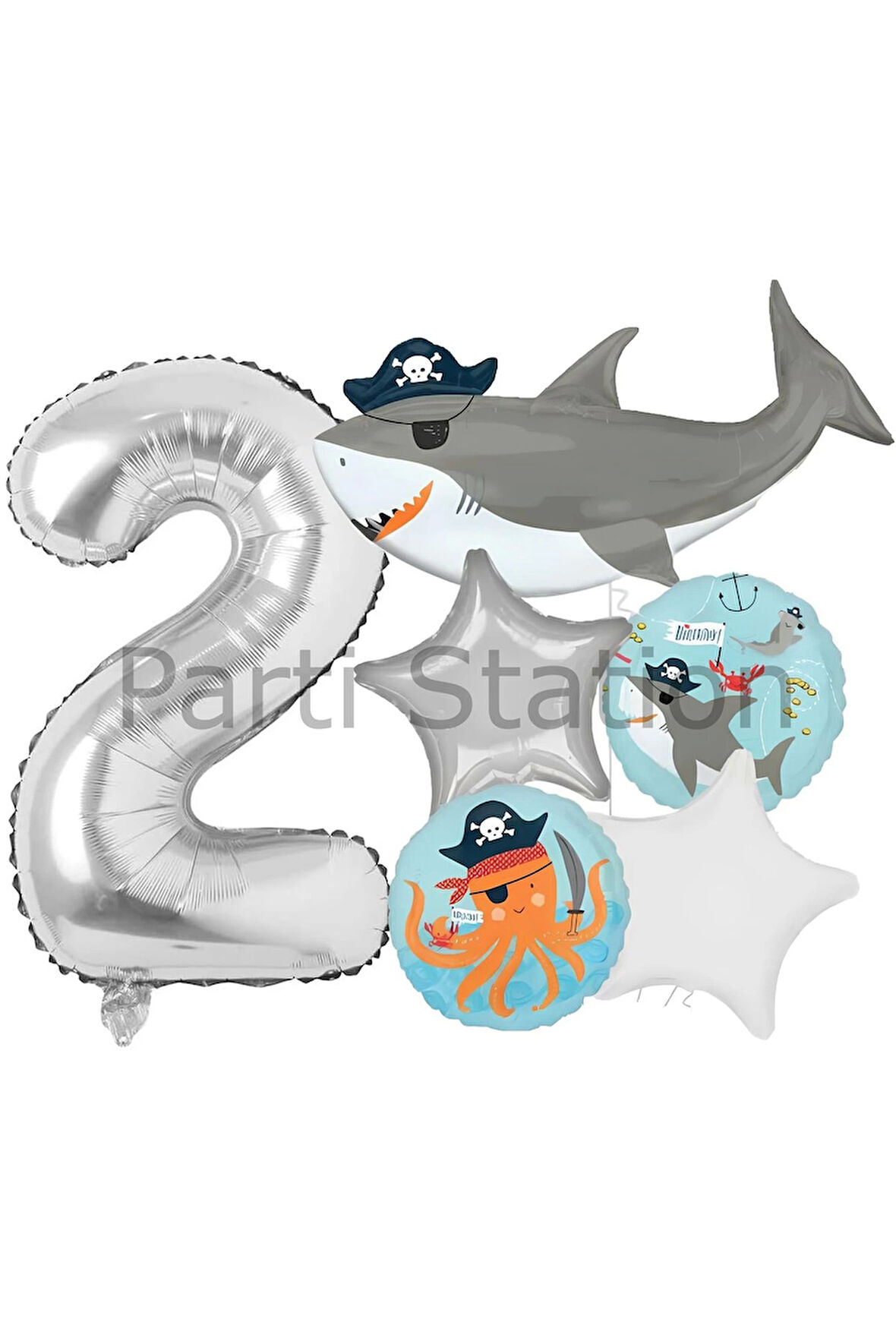Korsan Tema Köpek Balığı Konsept 9 Yaş Balon Set Köpek Balığı Tema Doğum Günü Folyo Balon Set