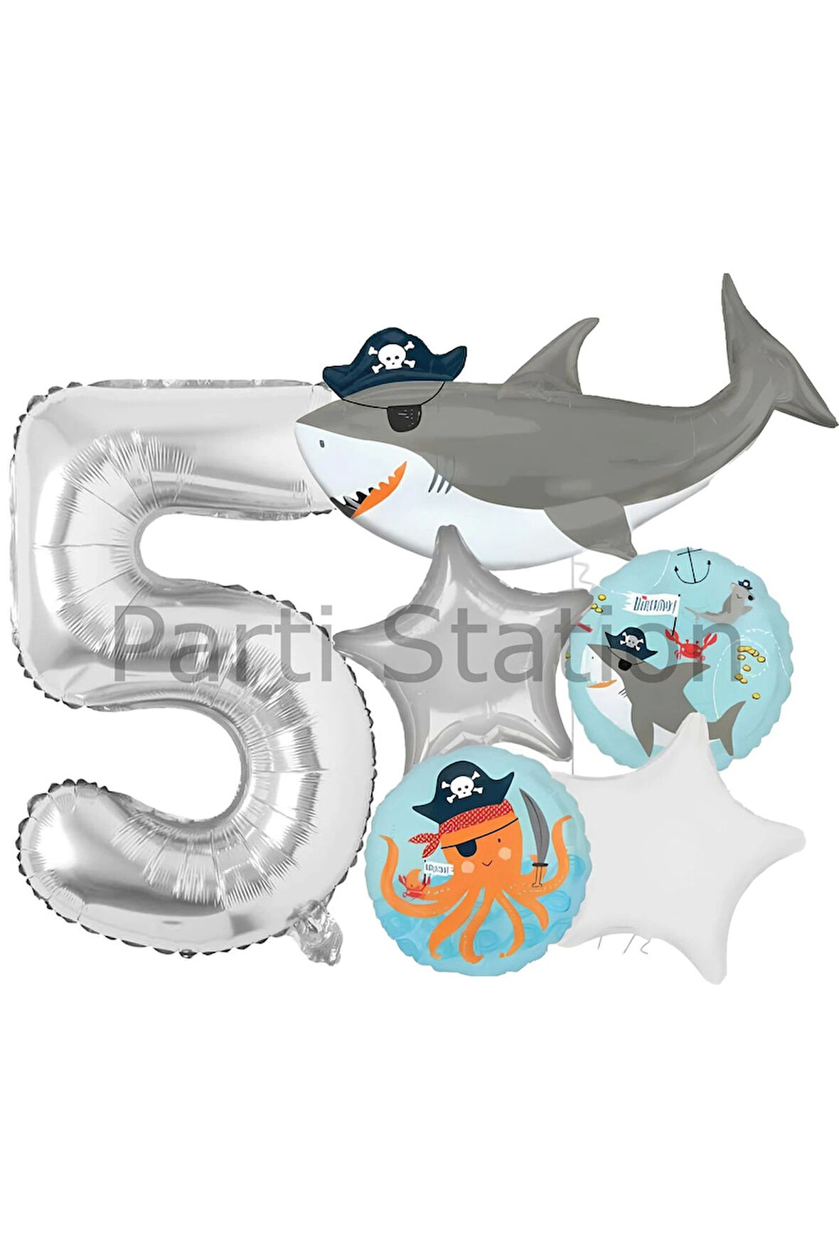Korsan Tema Köpek Balığı Konsept 9 Yaş Balon Set Köpek Balığı Tema Doğum Günü Folyo Balon Set