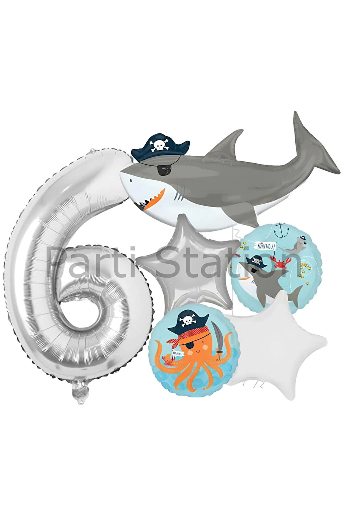 Korsan Tema Köpek Balığı Konsept 9 Yaş Balon Set Köpek Balığı Tema Doğum Günü Folyo Balon Set