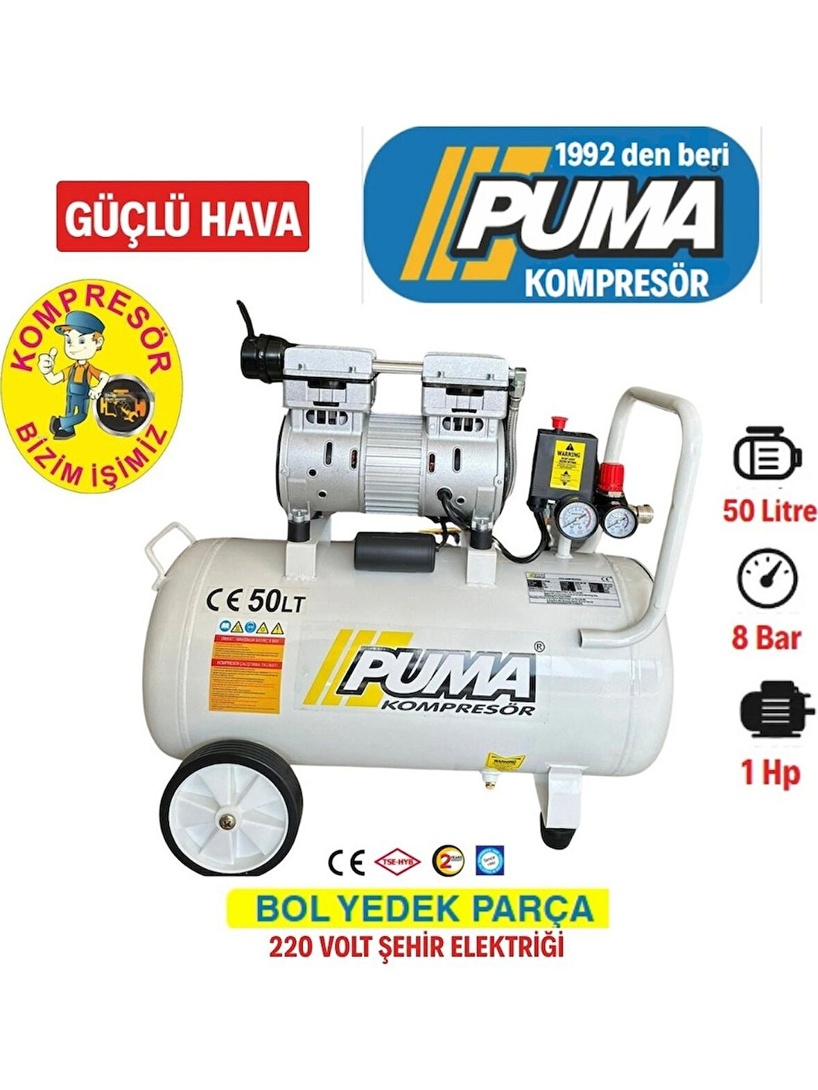 Puma 50 Lt Kompresör (Yağsız-Sessiz 1 Hp)